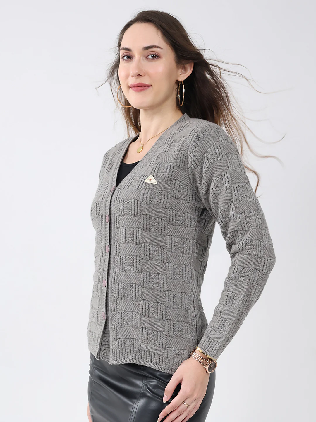 Women Grey Self Design V Neck Full Sleeve Cardigan - Image 3