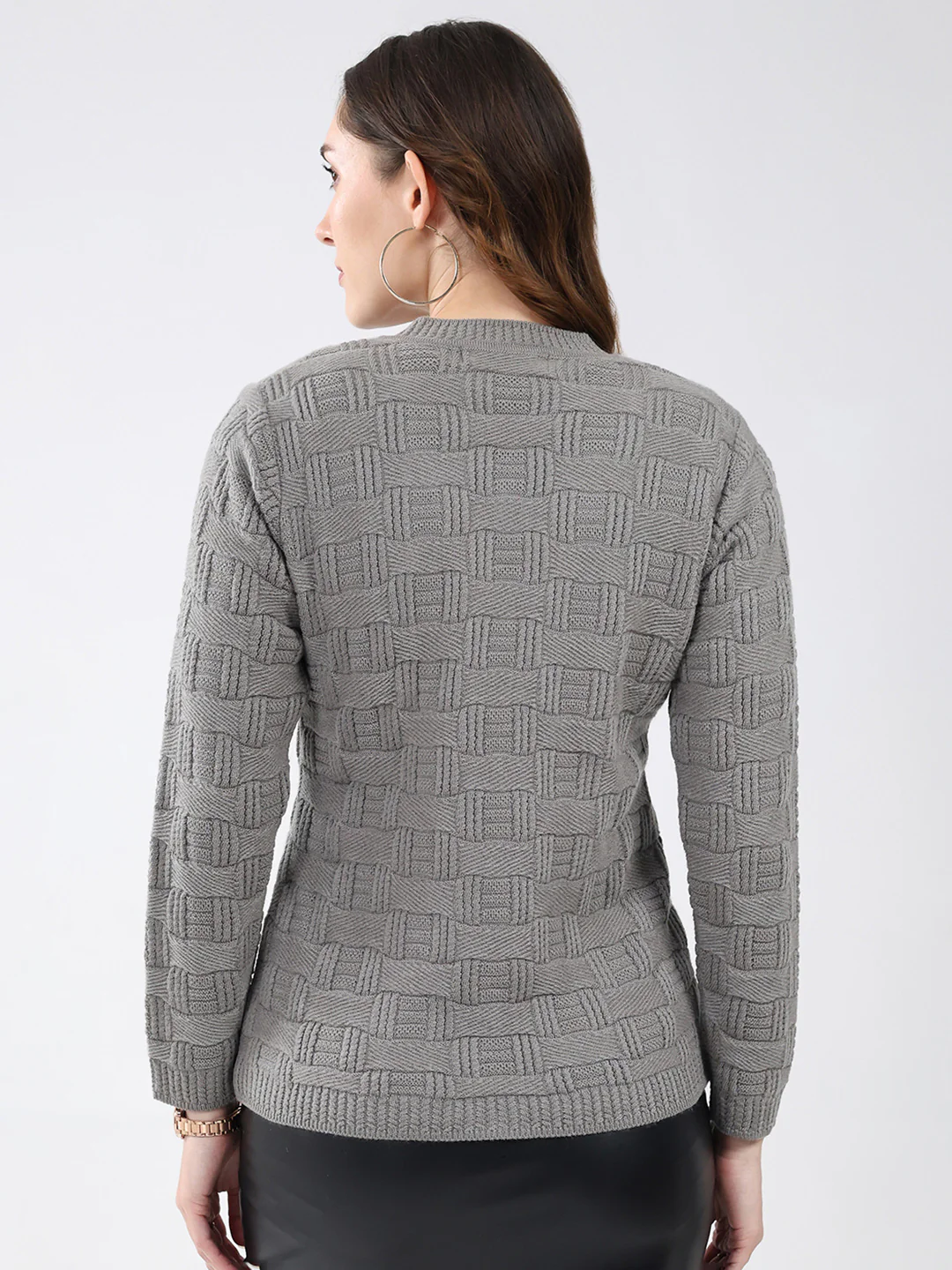 Women Grey Self Design V Neck Full Sleeve Cardigan - Image 5
