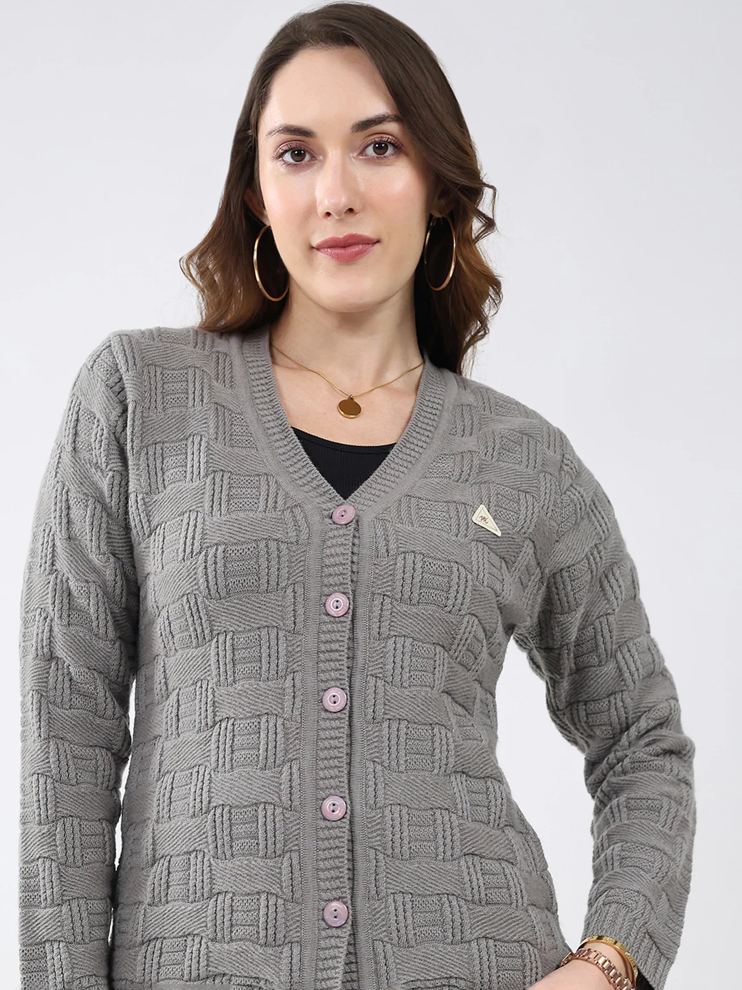 Women Grey Self Design V Neck Full Sleeve Cardigan - Image 7