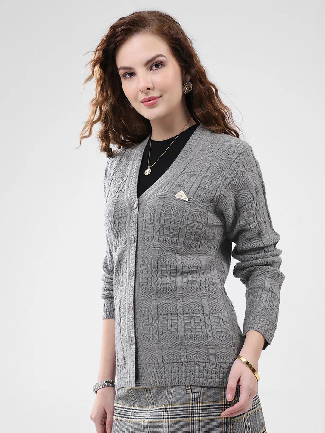 Women Grey Self Design V Neck Full Sleeve Cardigan - Image 3