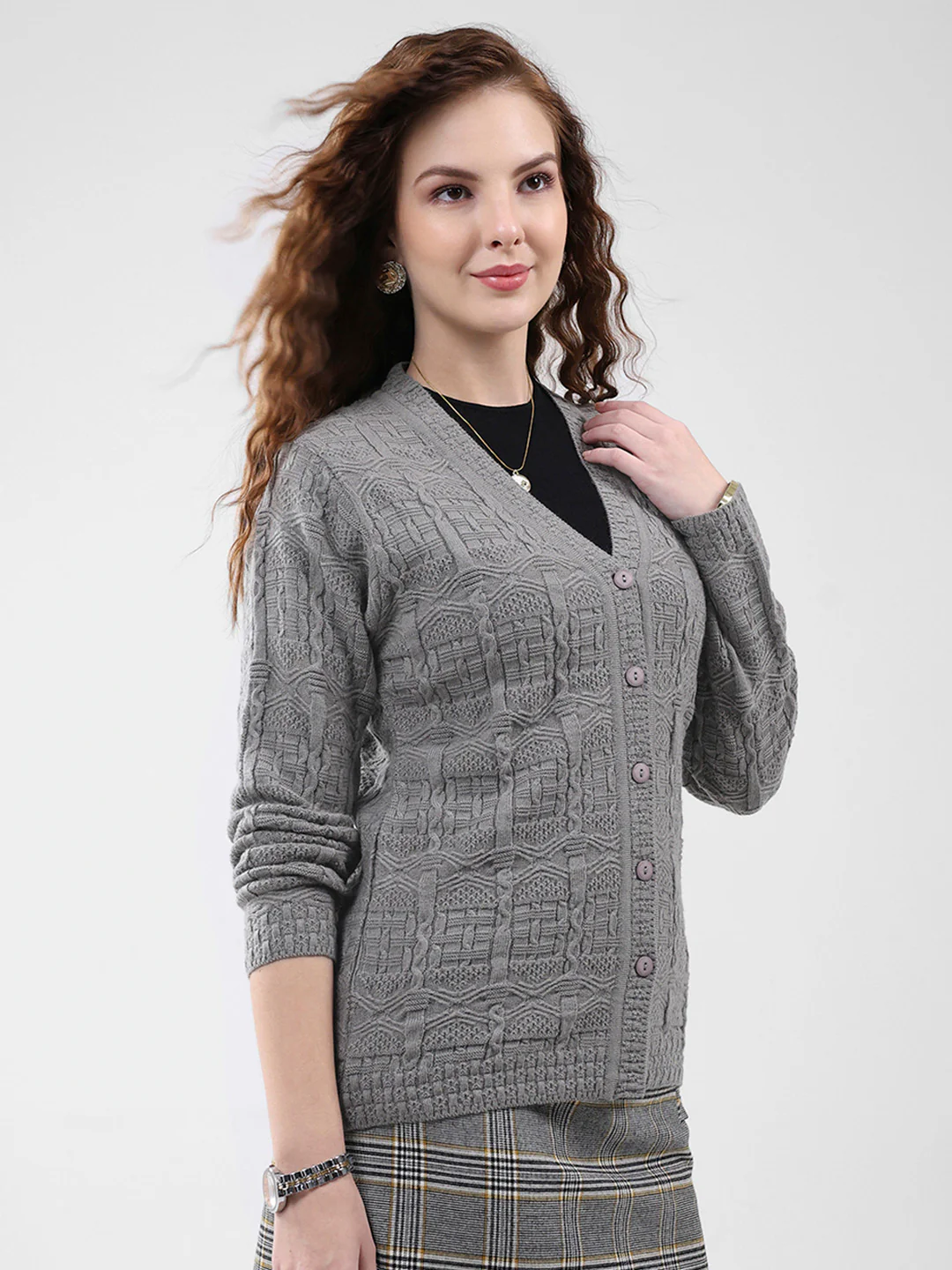 Women Grey Self Design V Neck Full Sleeve Cardigan - Image 4