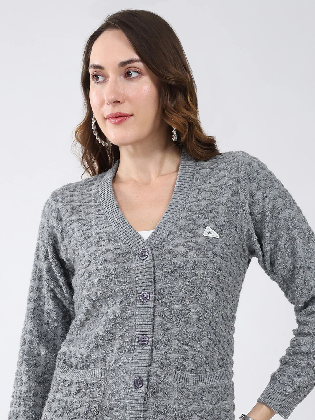 Women Grey Self Design V Neck Full Sleeve Cardigan - Image 6