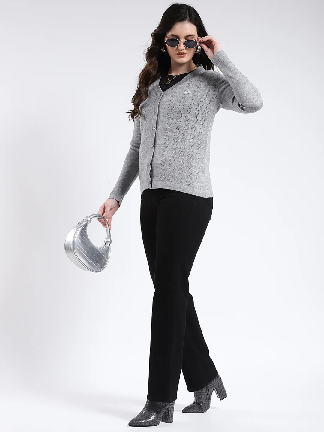 Women Grey Self Design V Neck Full Sleeve Cardigan - Image 2