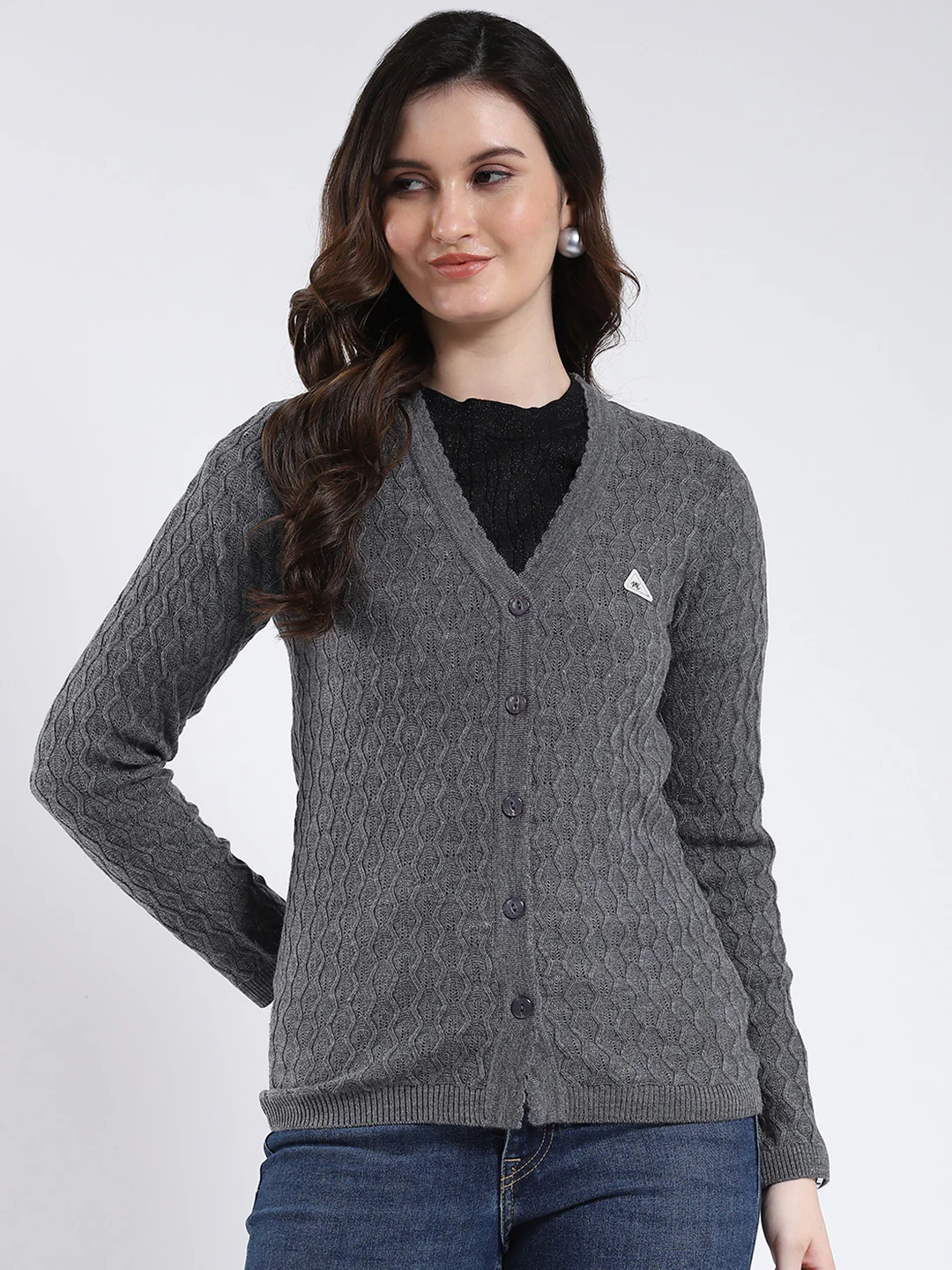 Women Grey Self Design V Neck Full Sleeve Cardigan