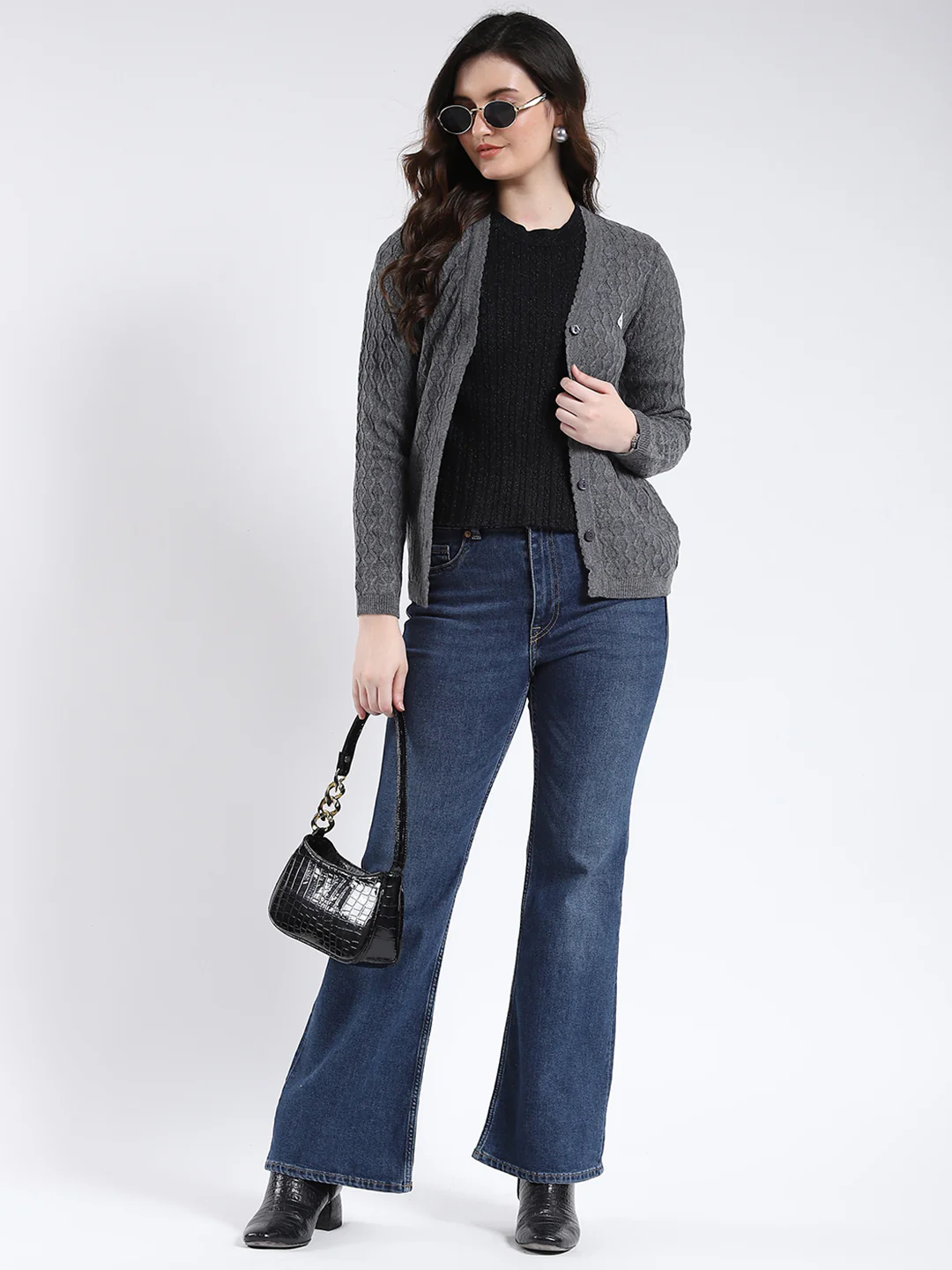 Women Grey Self Design V Neck Full Sleeve Cardigan - Image 2