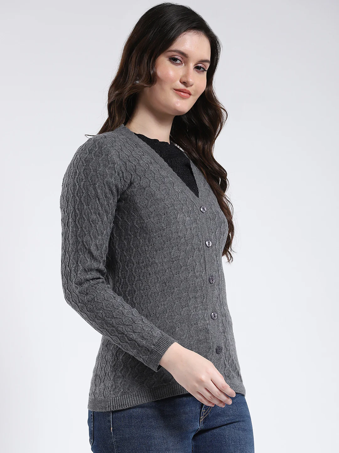 Women Grey Self Design V Neck Full Sleeve Cardigan - Image 4