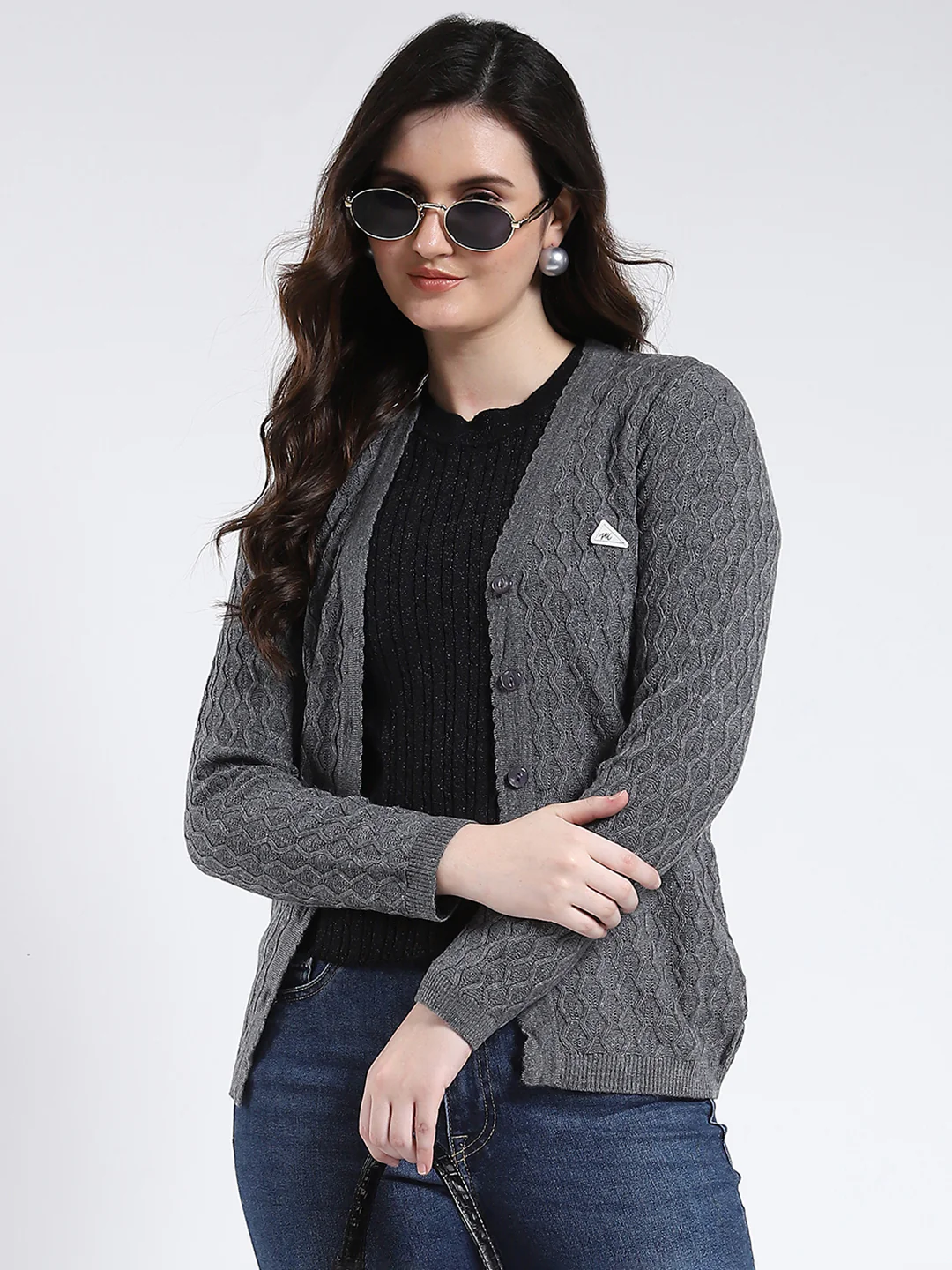 Women Grey Self Design V Neck Full Sleeve Cardigan - Image 6