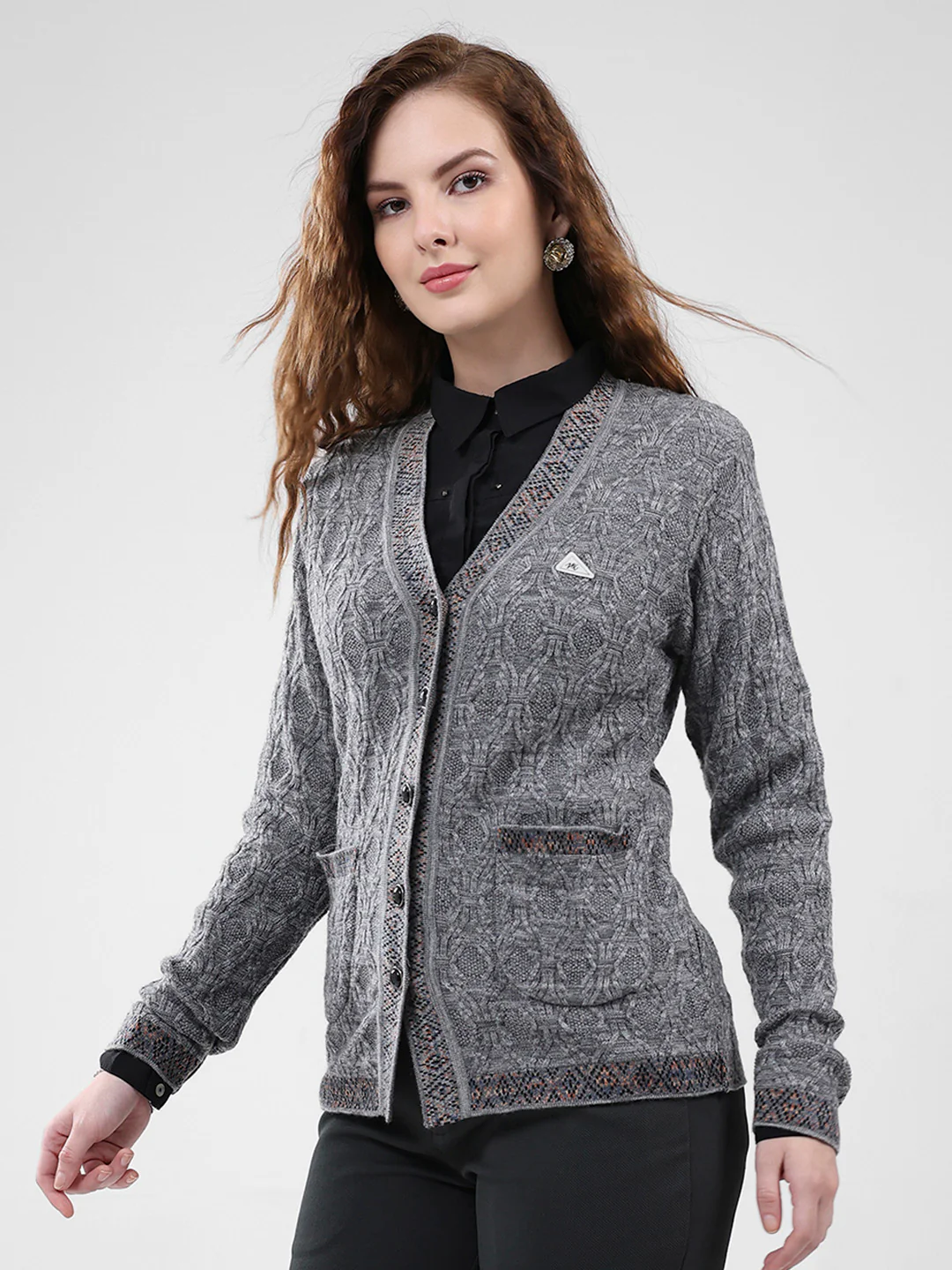 Women Grey Self Design V Neck Full Sleeve Cardigan - Image 3