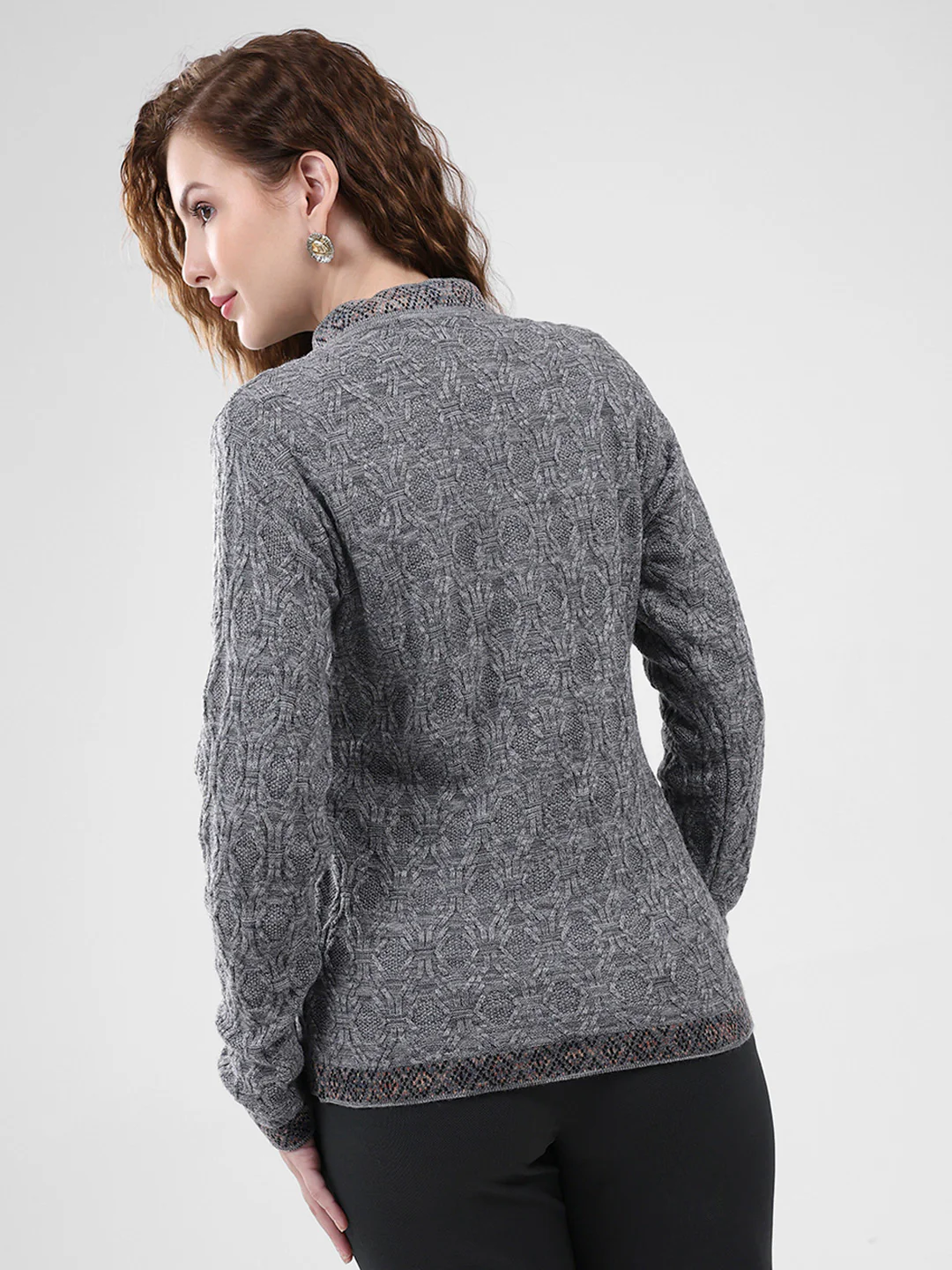 Women Grey Self Design V Neck Full Sleeve Cardigan - Image 5