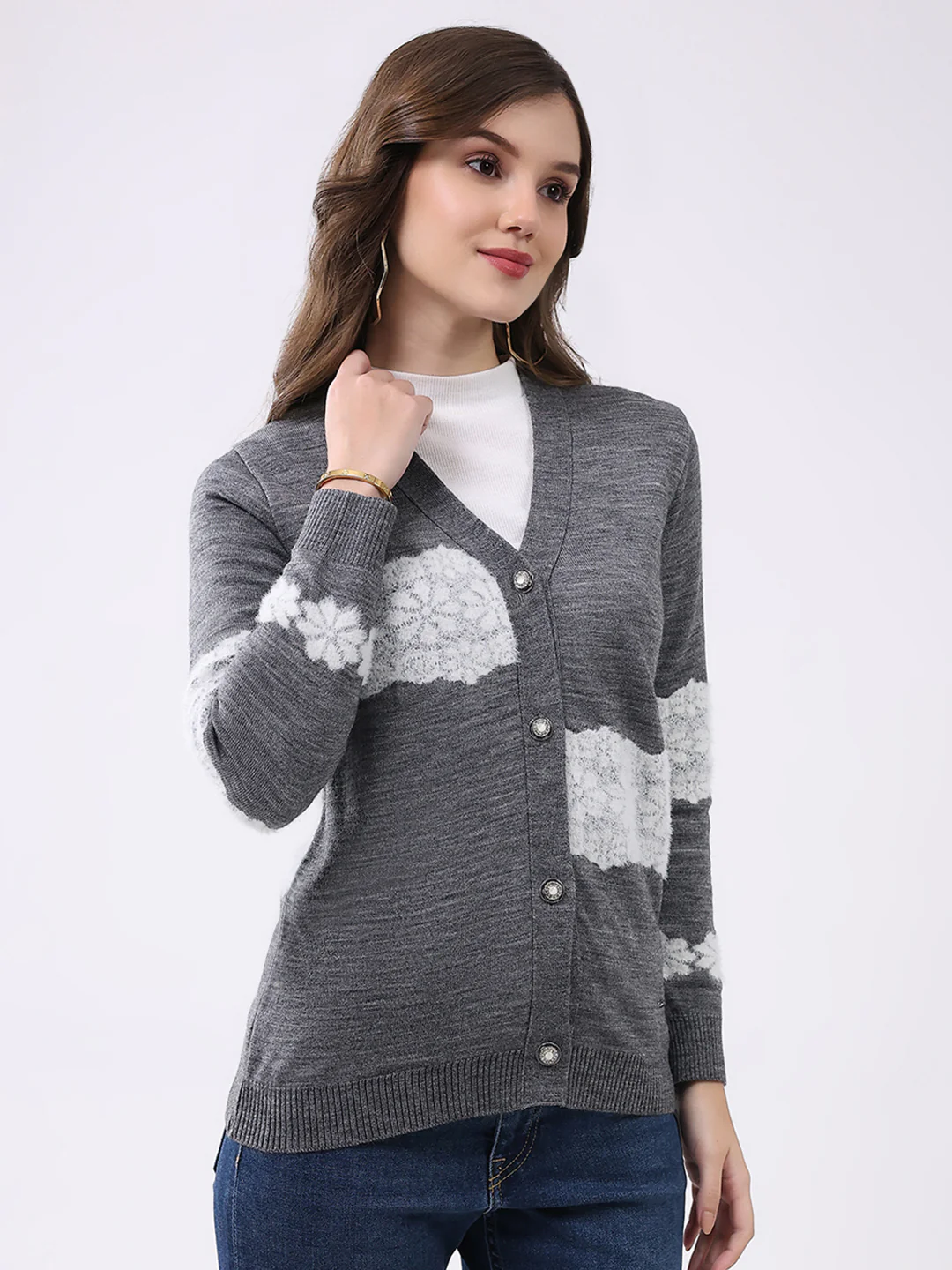 Women Grey Self Design V Neck Full Sleeve Cardigan - Image 4