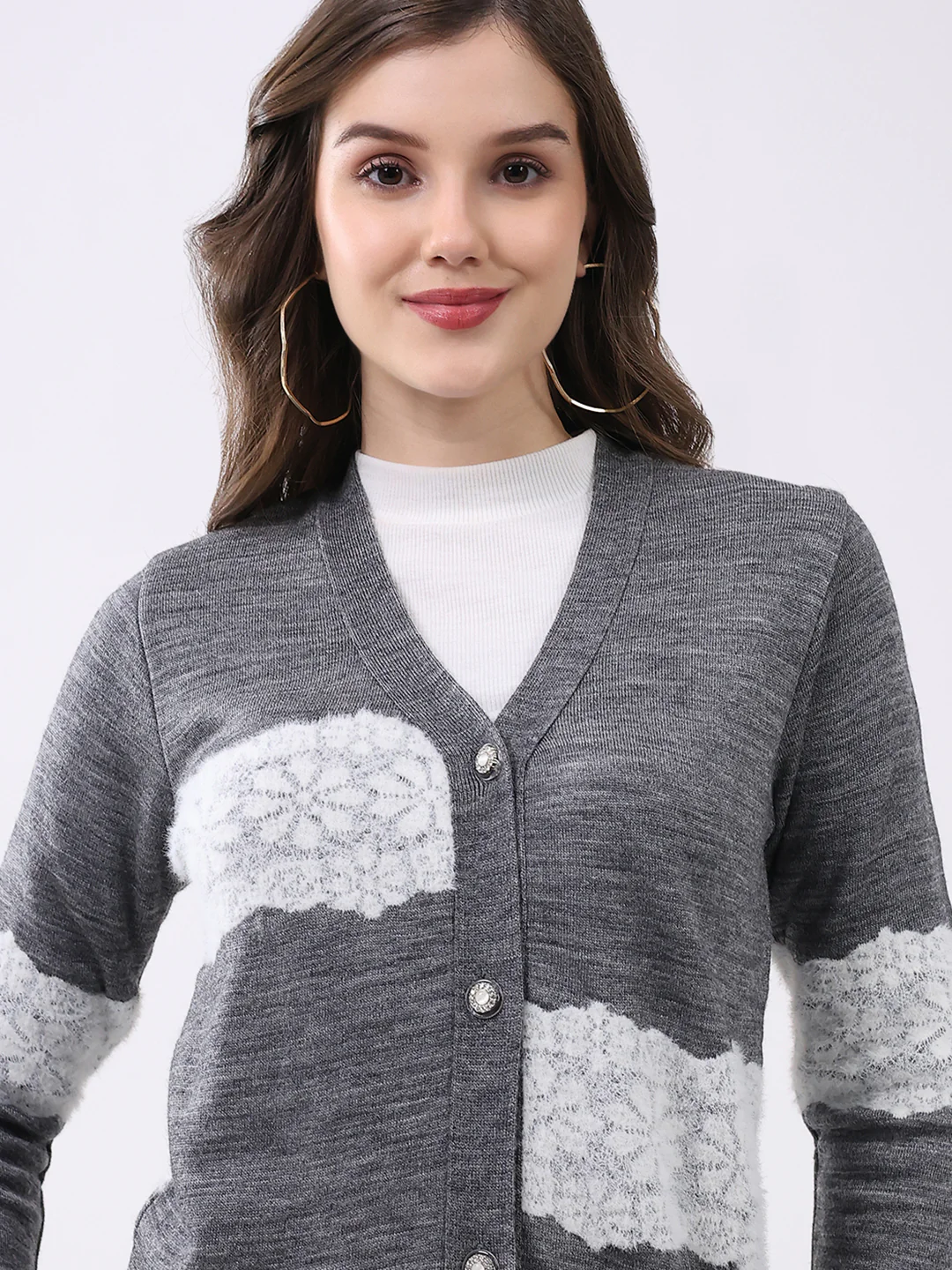 Women Grey Self Design V Neck Full Sleeve Cardigan - Image 7