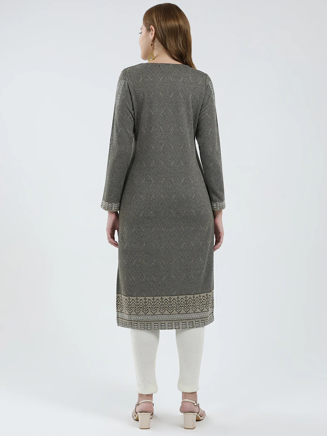 Women Grey Self Design Round Neck Full Sleeve Winter Kurti - Image 5