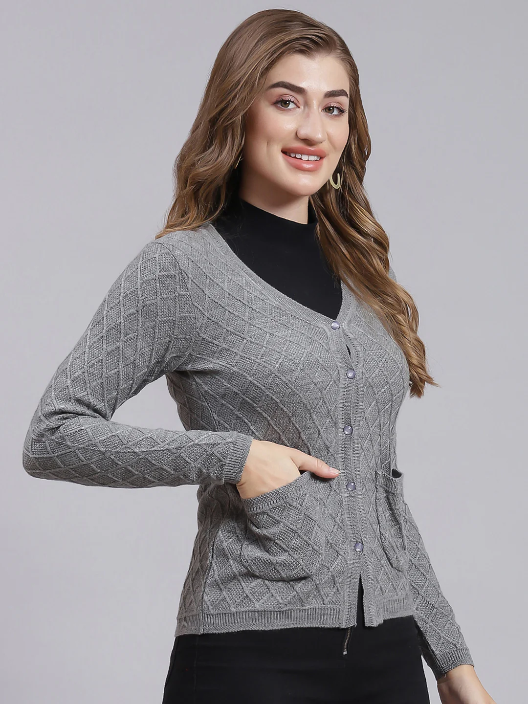 Women Grey Self Design Wool blend Cardigan - Image 2