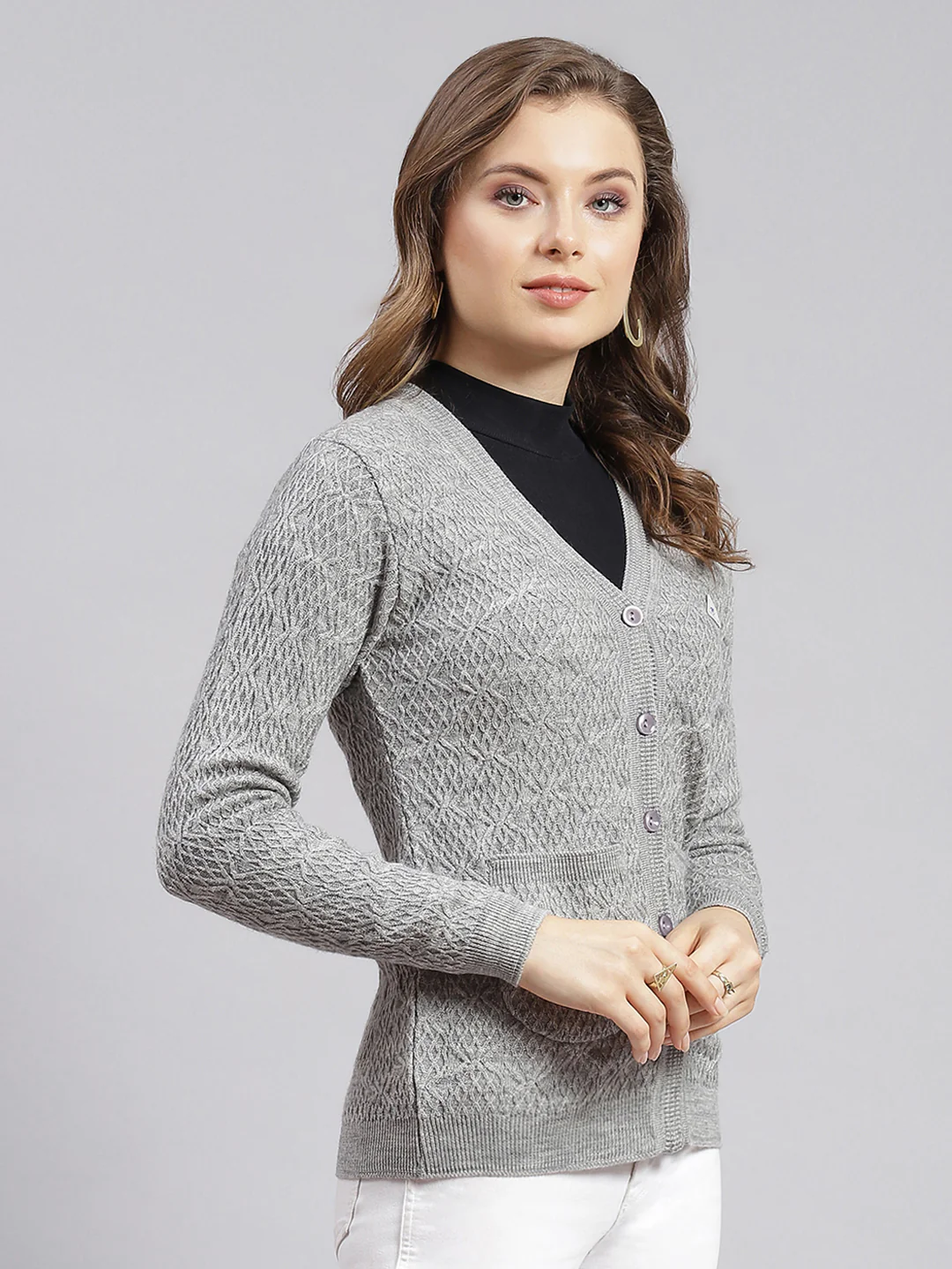Women Grey Self Design Wool blend Cardigan - Image 2