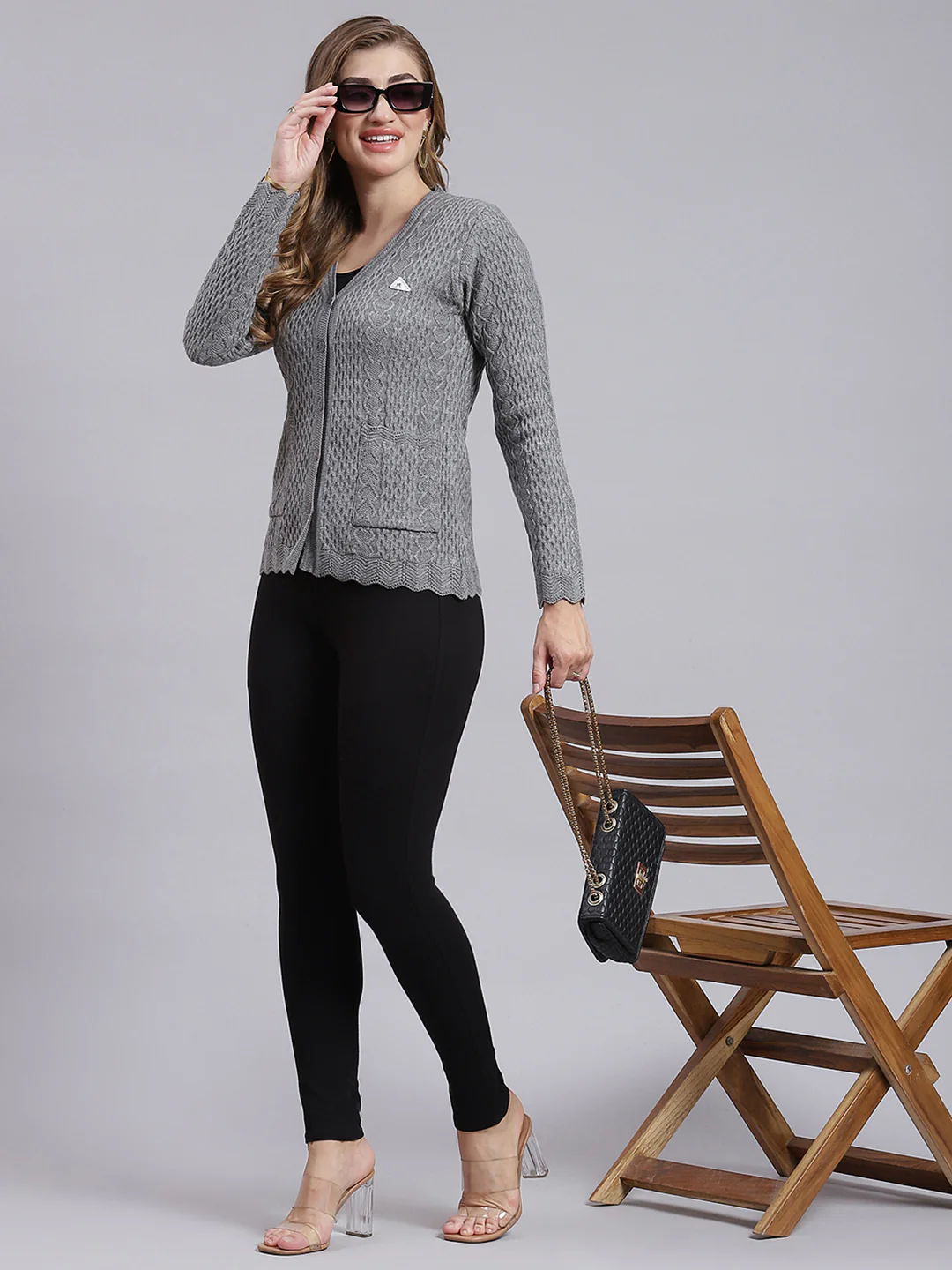Women Grey Self Design Wool blend Cardigan - Image 5