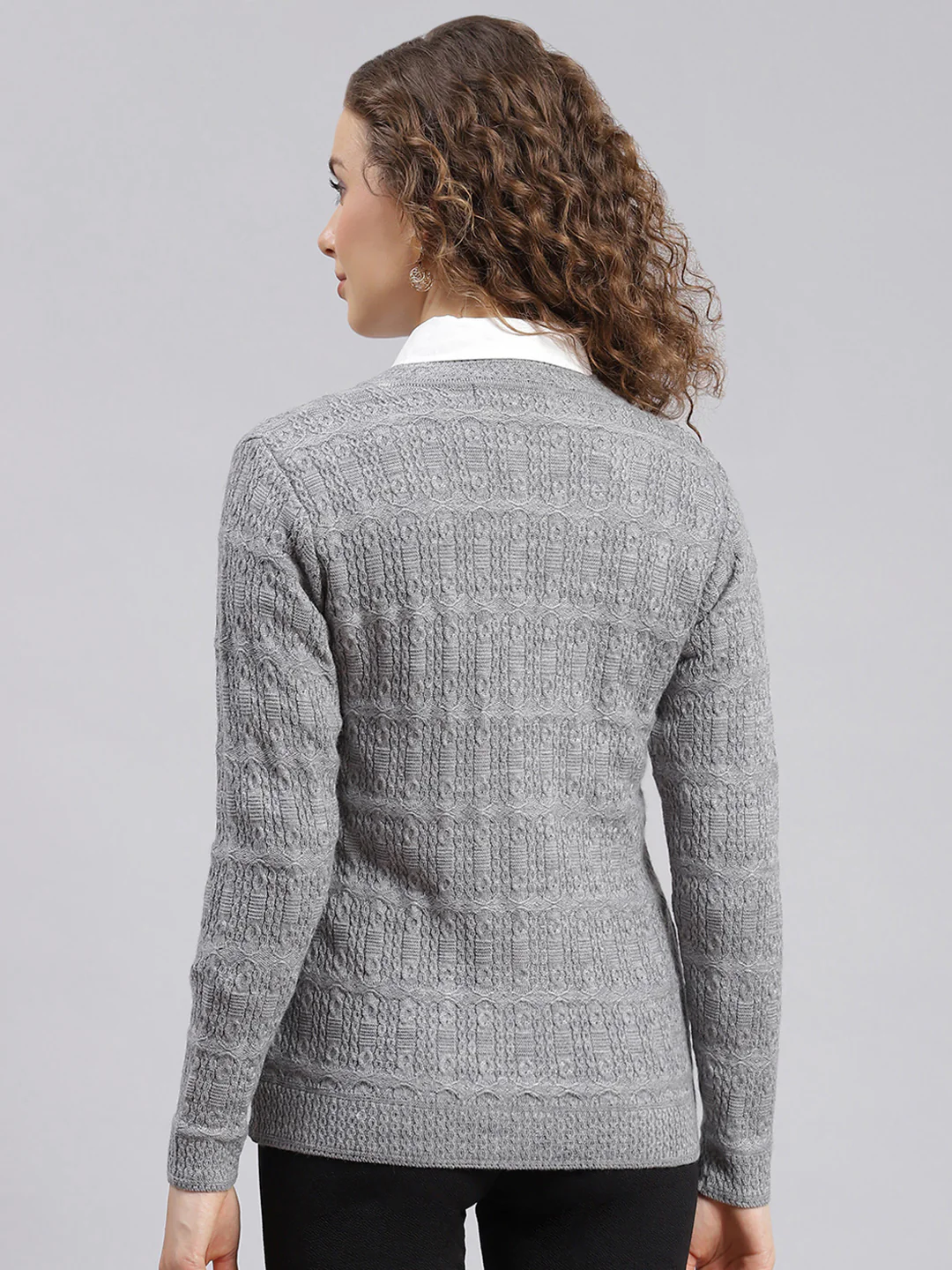 Women Grey Self Design Wool blend Cardigan - Image 4