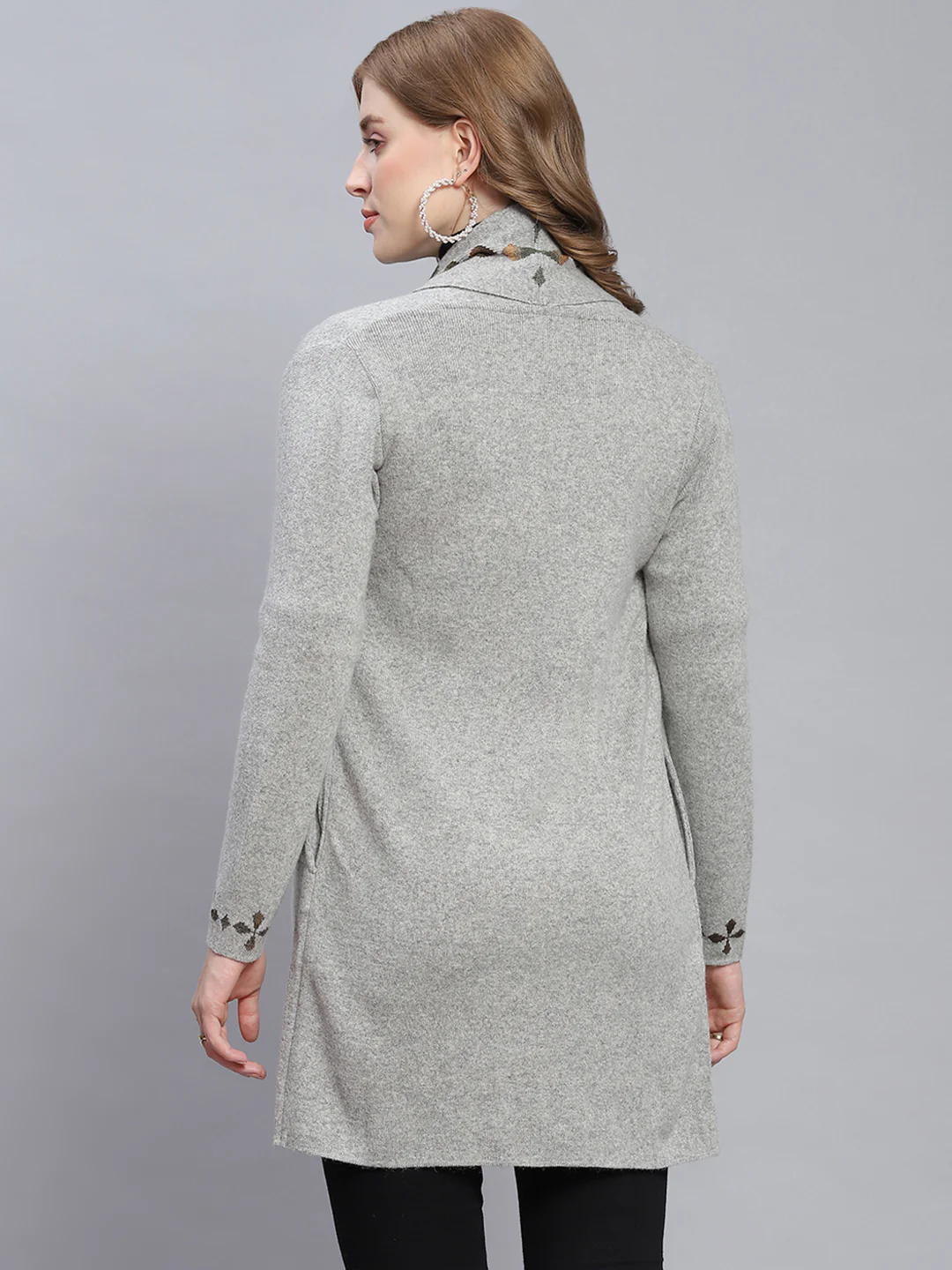Women Grey Self Design Front Open Full Sleeve Cardigans - Image 5