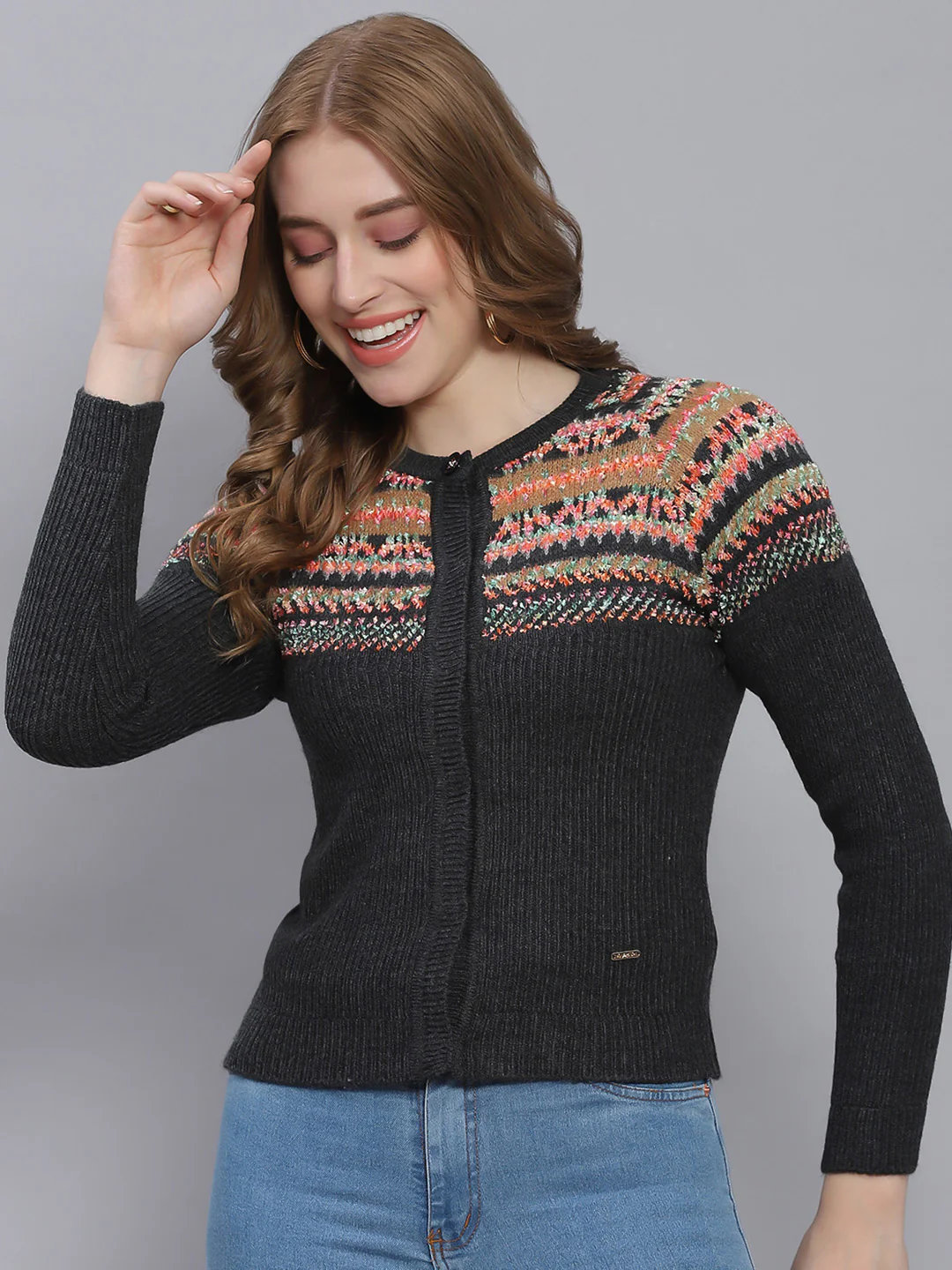 Women Grey Self Design Round Neck Full Sleeve Cardigans - Image 2