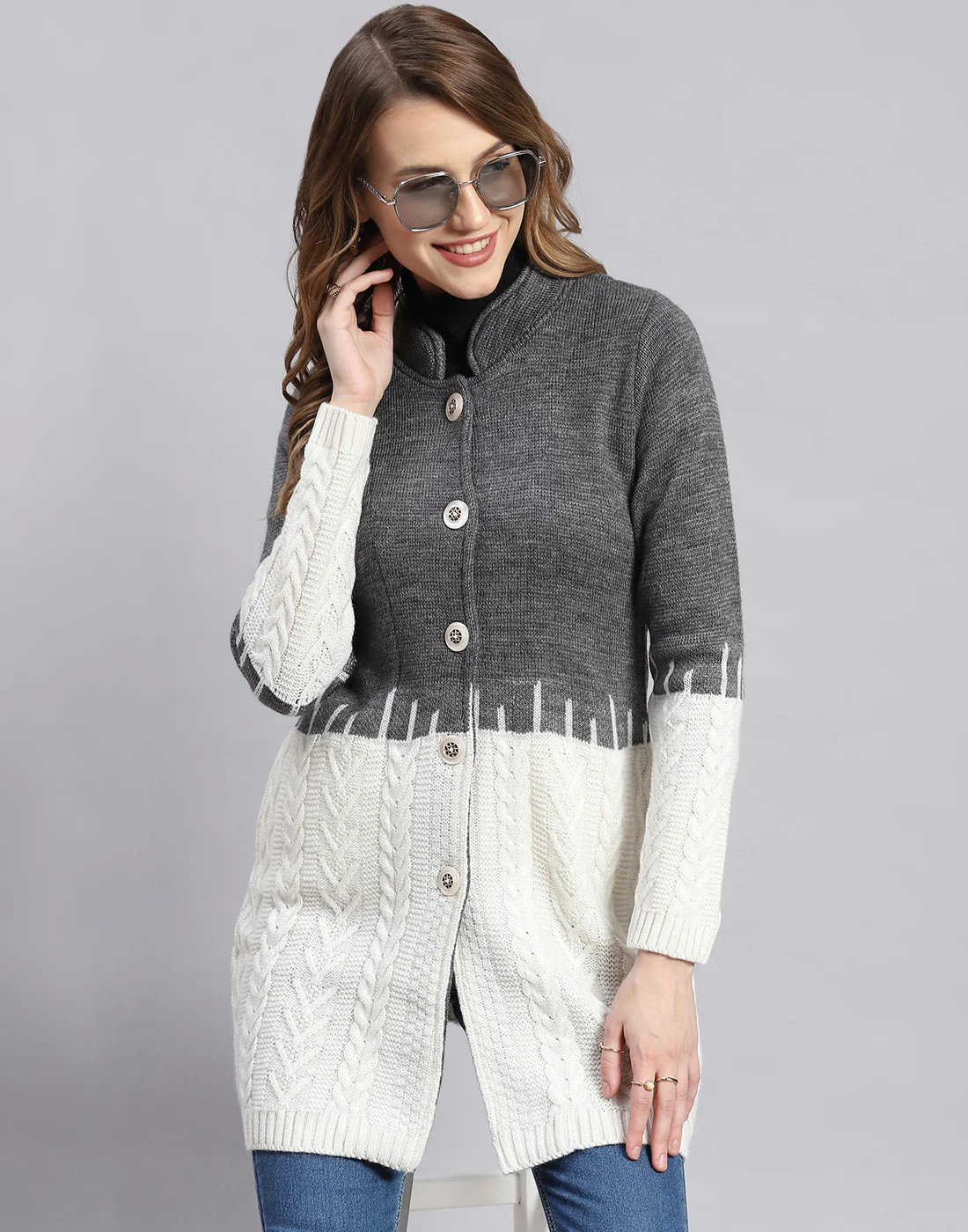 Women Grey Self Design Round Neck Full Sleeve Coats - Image 2