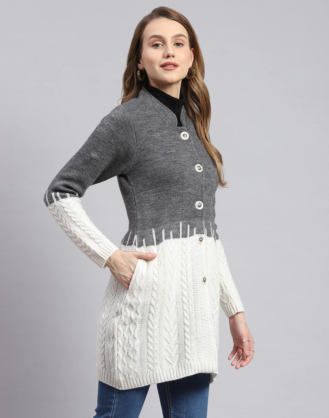 Women Grey Self Design Round Neck Full Sleeve Coats - Image 4
