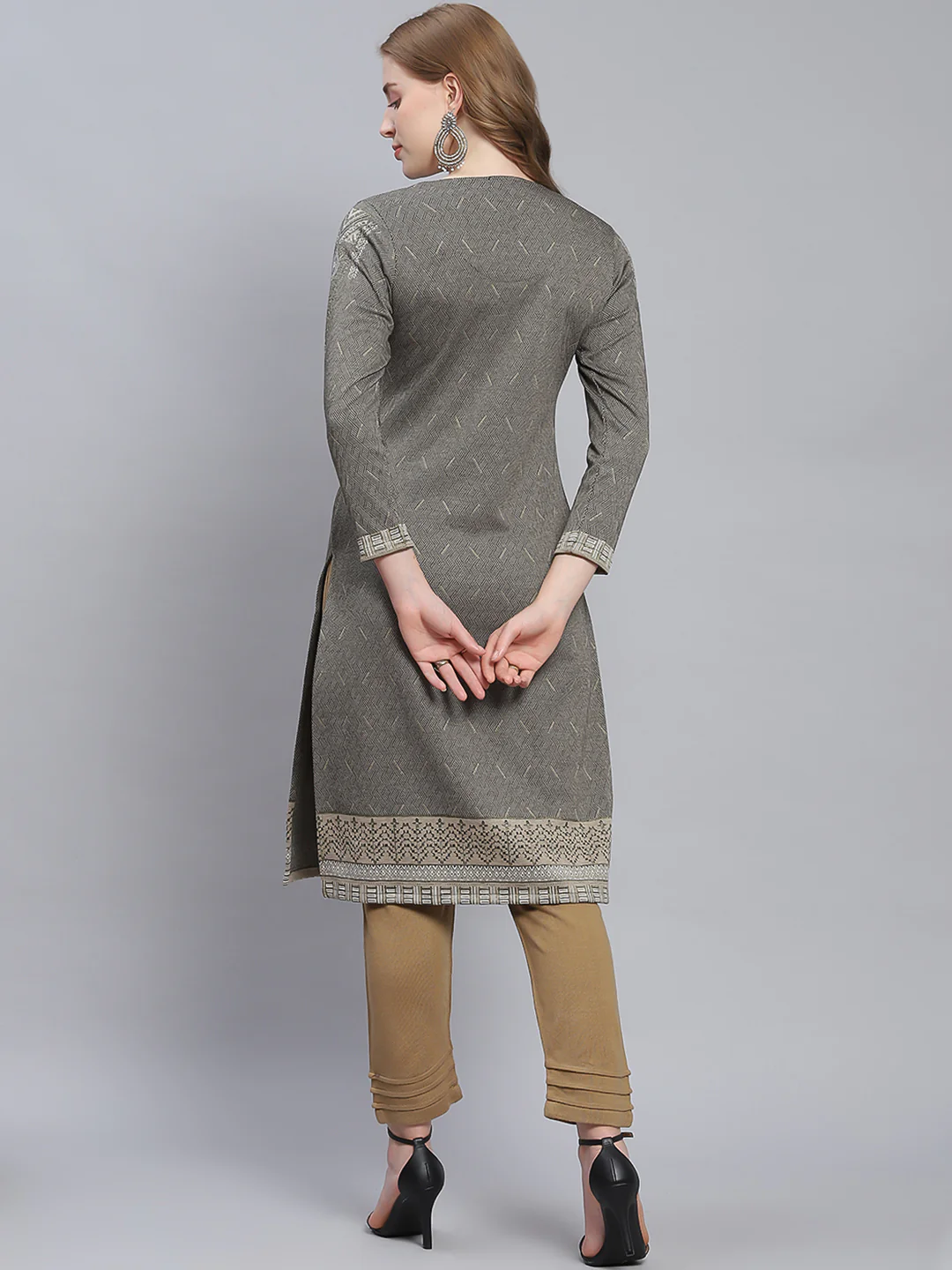 Women Grey Self Design Round Neck Full Sleeve Kurtis - Image 6