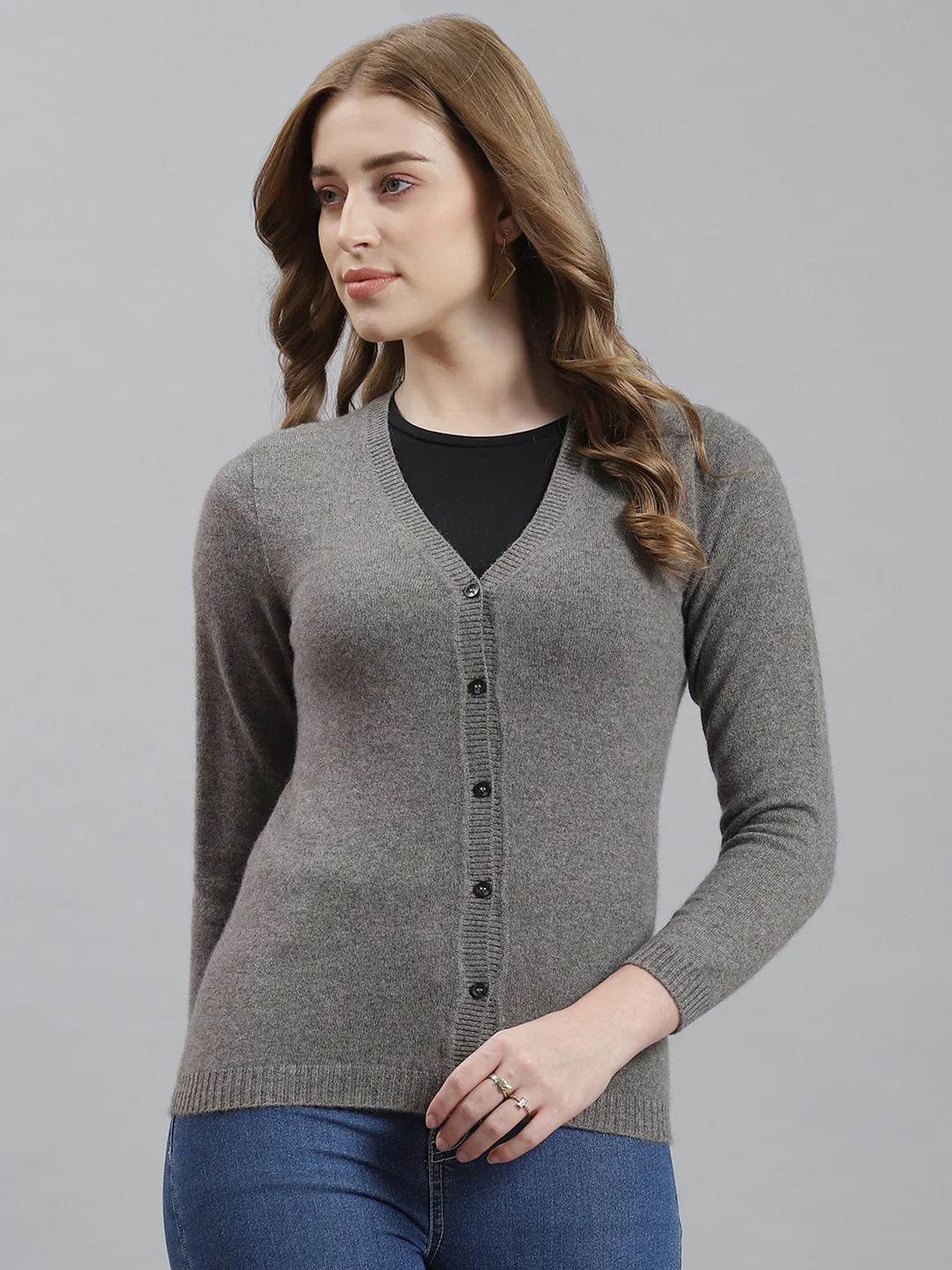 Women Grey Solid Cardigan - Image 2