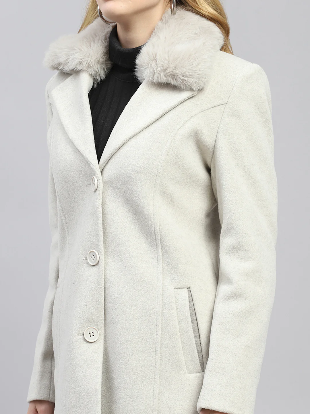 Women Grey Solid Collar Full Sleeve Coat - Image 7