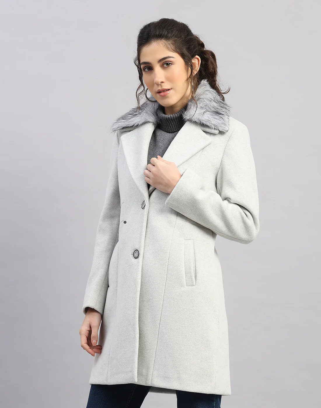 Women Grey Solid Collar Full Sleeve Coat - Image 2