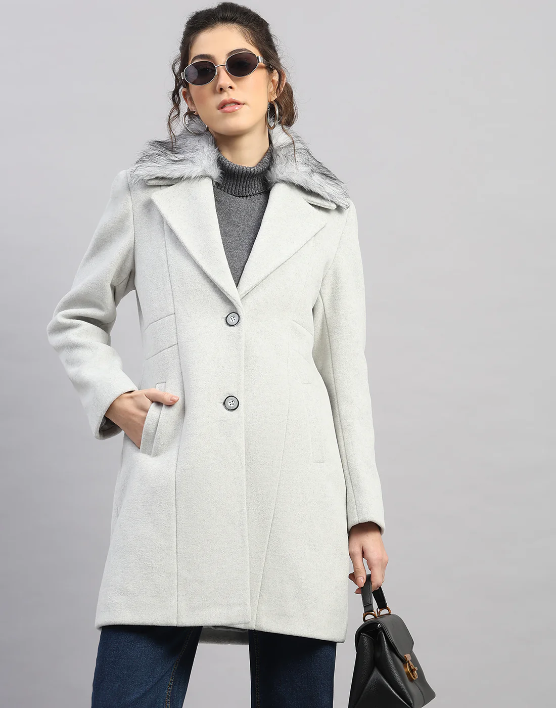 Women Grey Solid Collar Full Sleeve Coat - Image 6