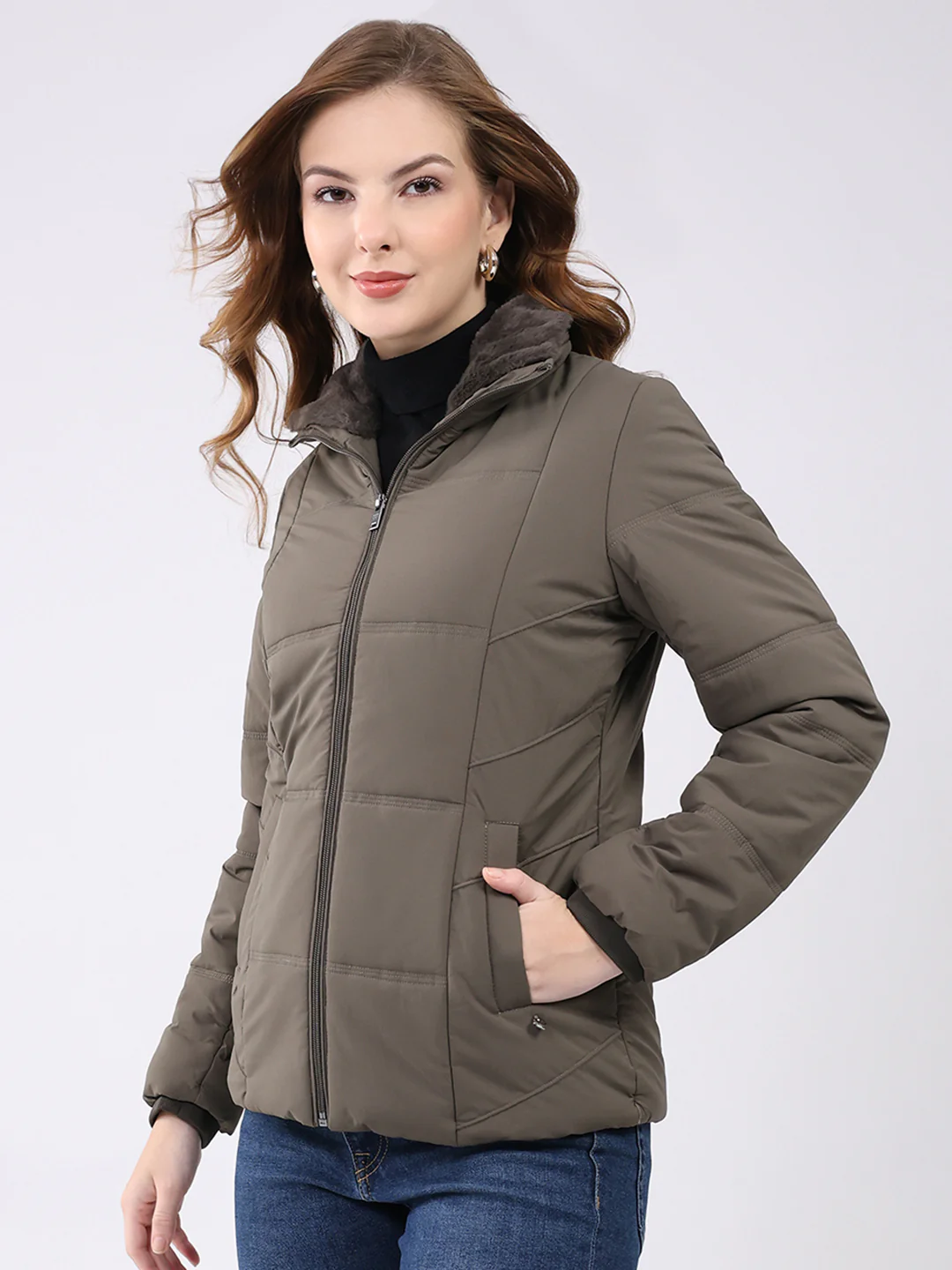 Women Grey Solid Collar Full Sleeve Jacket - Image 3
