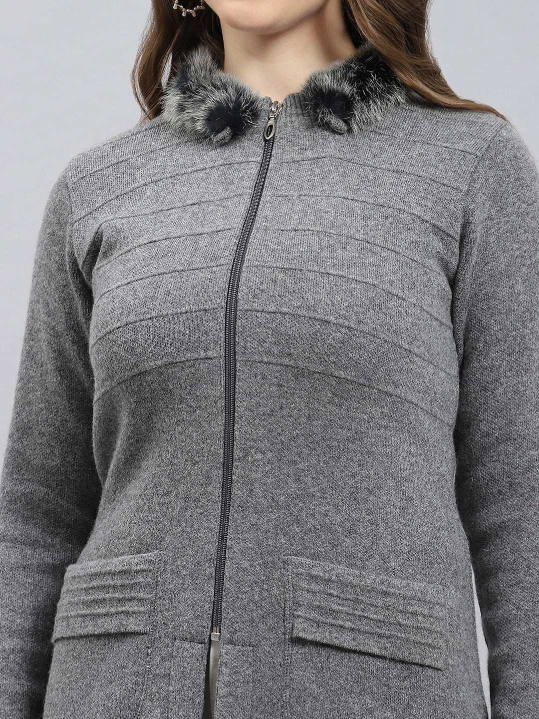 Women Grey Solid Collar Full Sleeve Pullover - Image 6