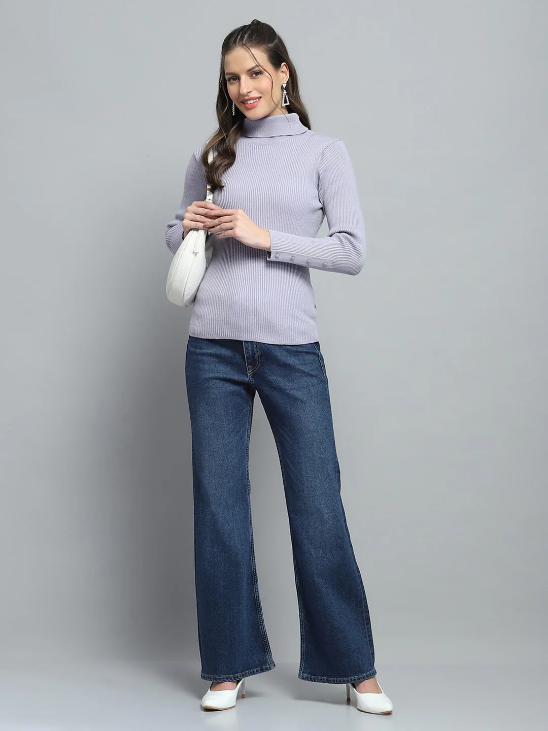 Women Grey Solid High Neck Full Sleeve Sceavy - Image 2