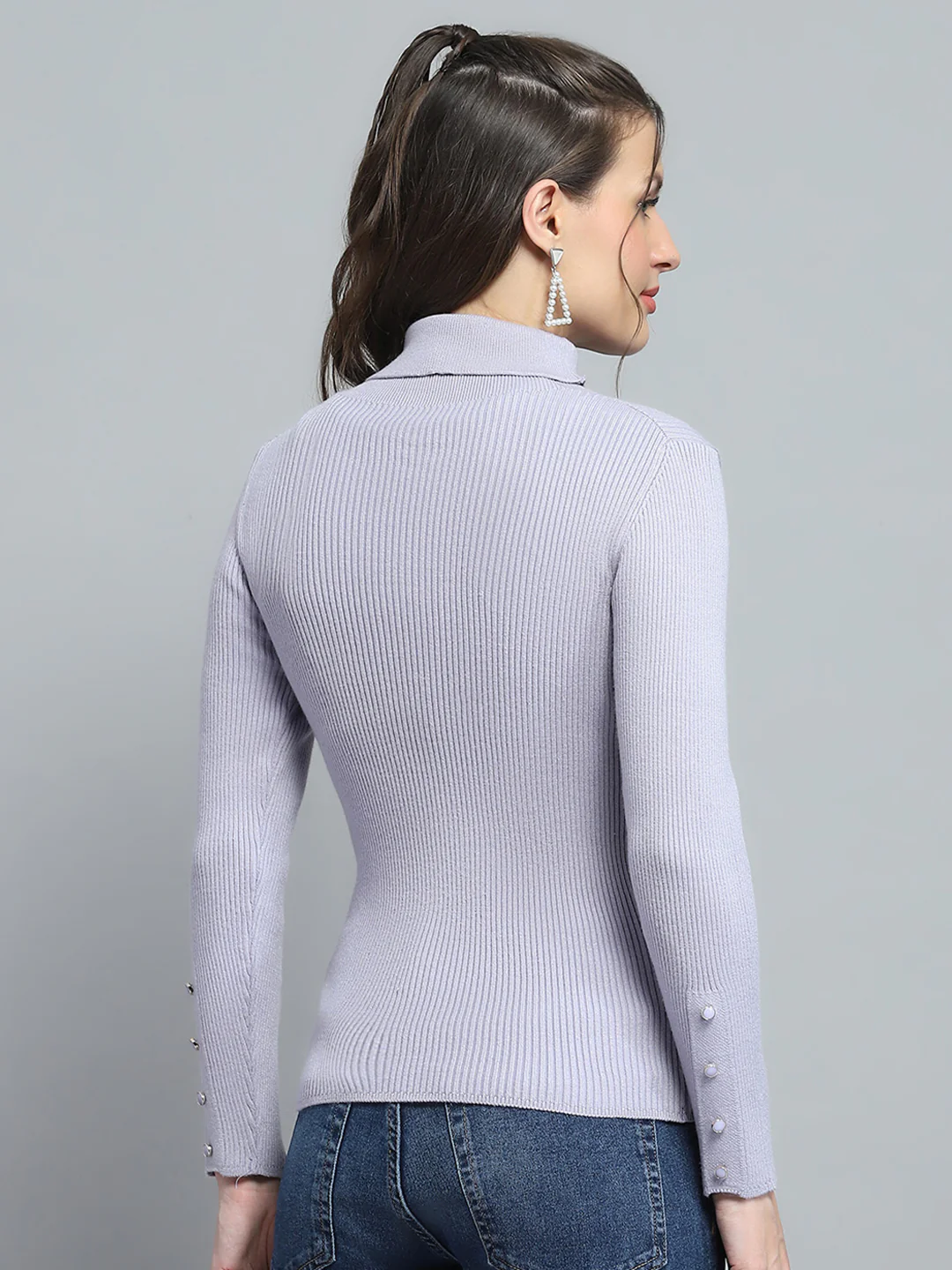 Women Grey Solid High Neck Full Sleeve Sceavy - Image 5