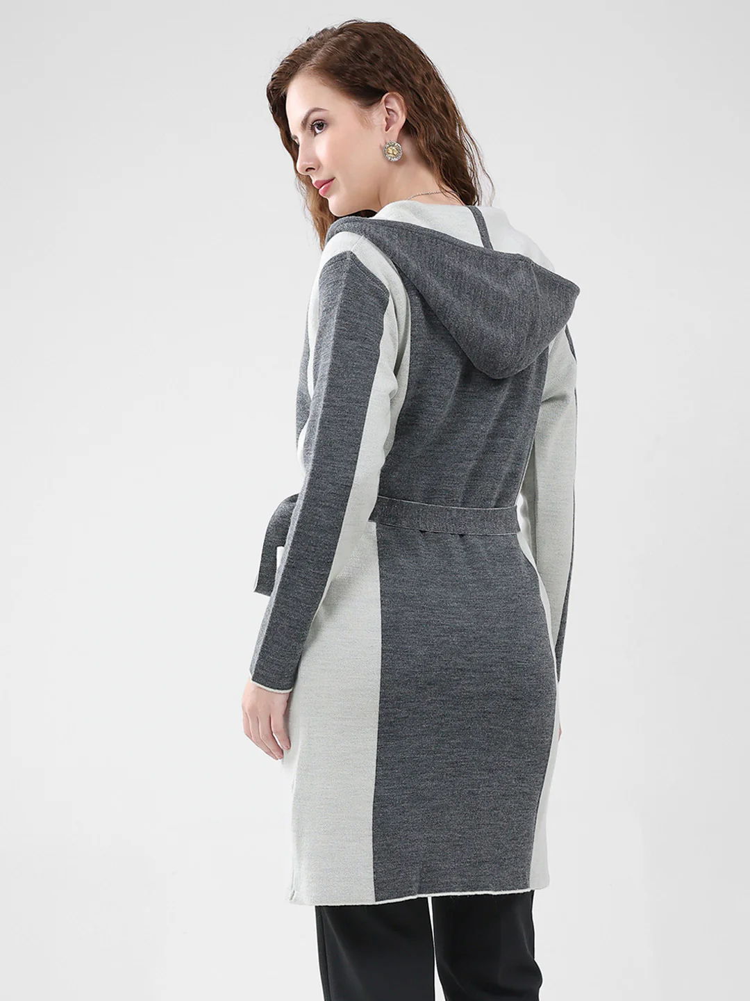Women Grey Solid Hooded Full Sleeve Cardigan - Image 5