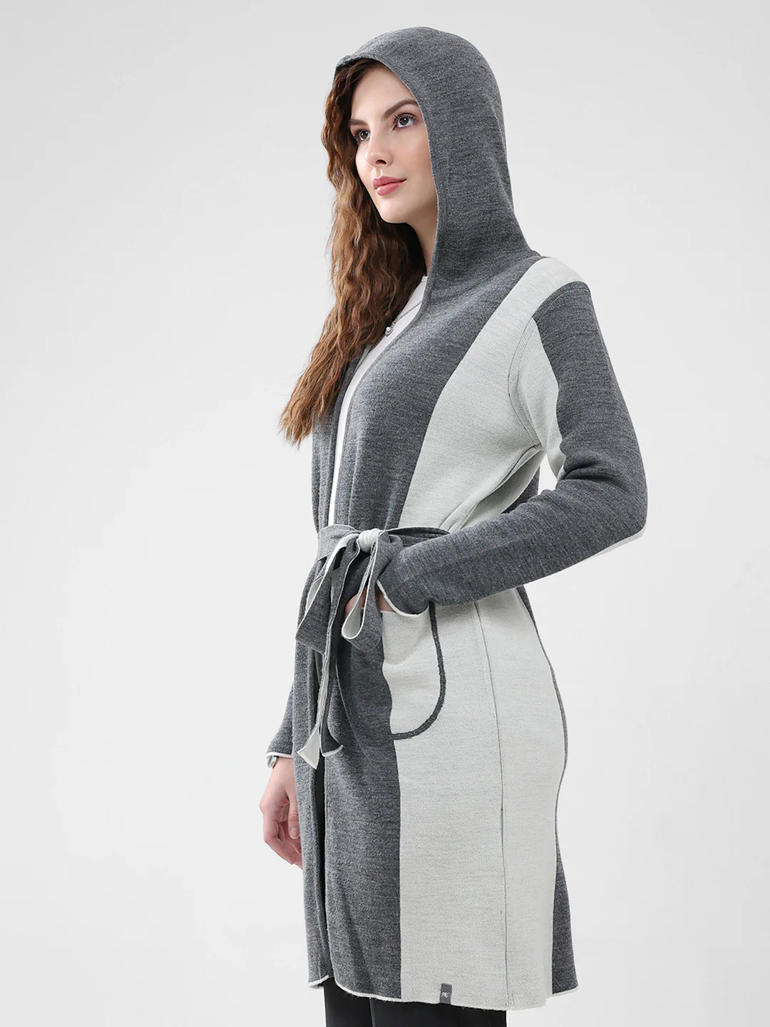 Women Grey Solid Hooded Full Sleeve Cardigan - Image 6