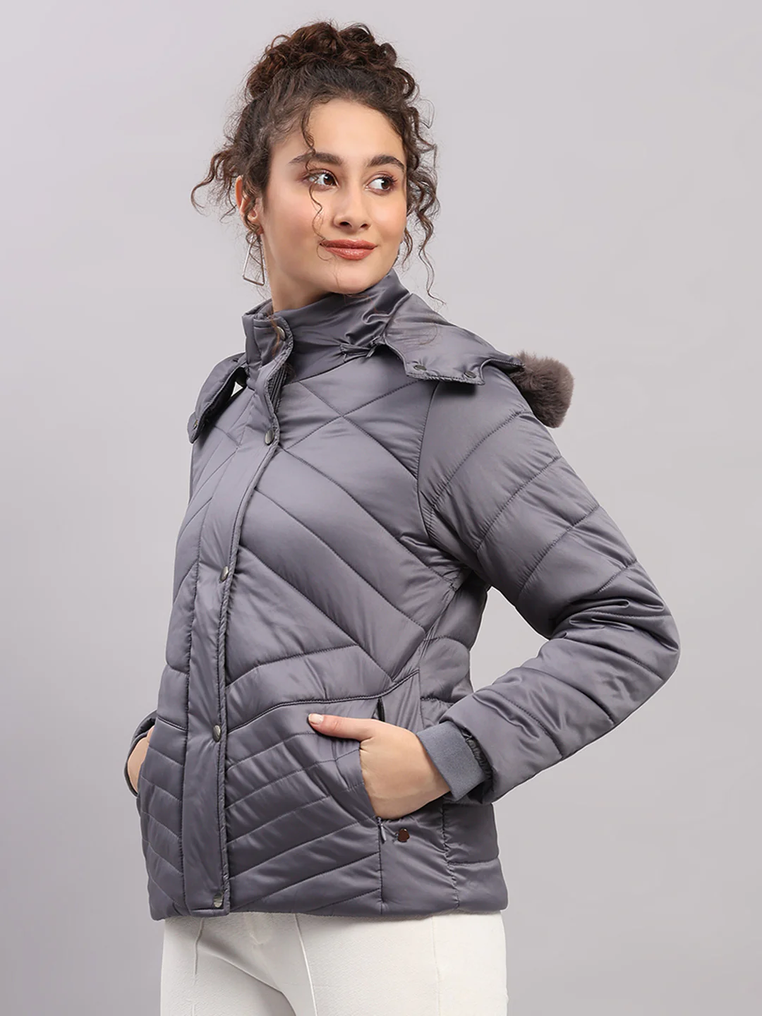 Women Grey Solid Hooded Full Sleeve Jacket - Image 3