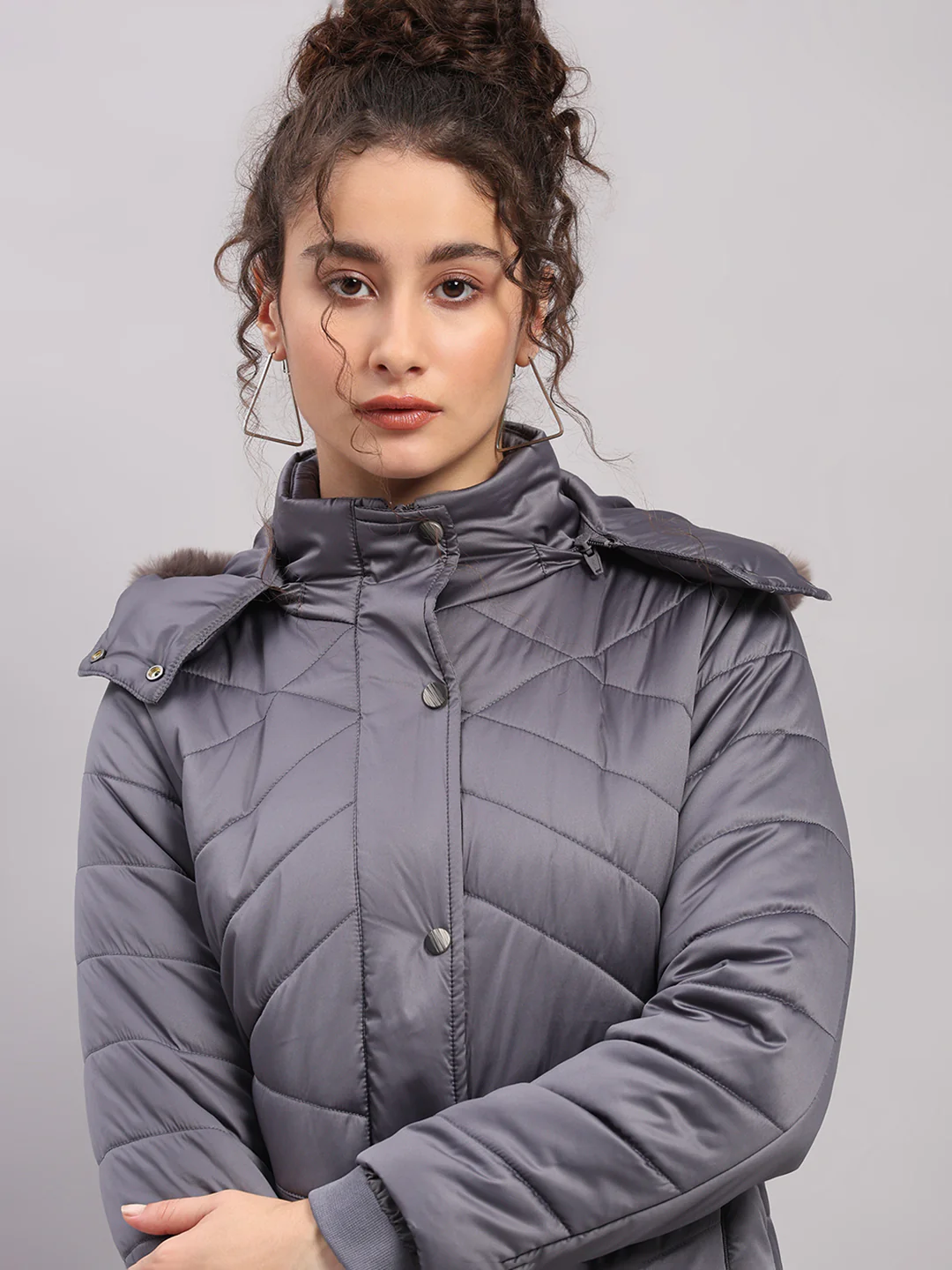 Women Grey Solid Hooded Full Sleeve Jacket - Image 6