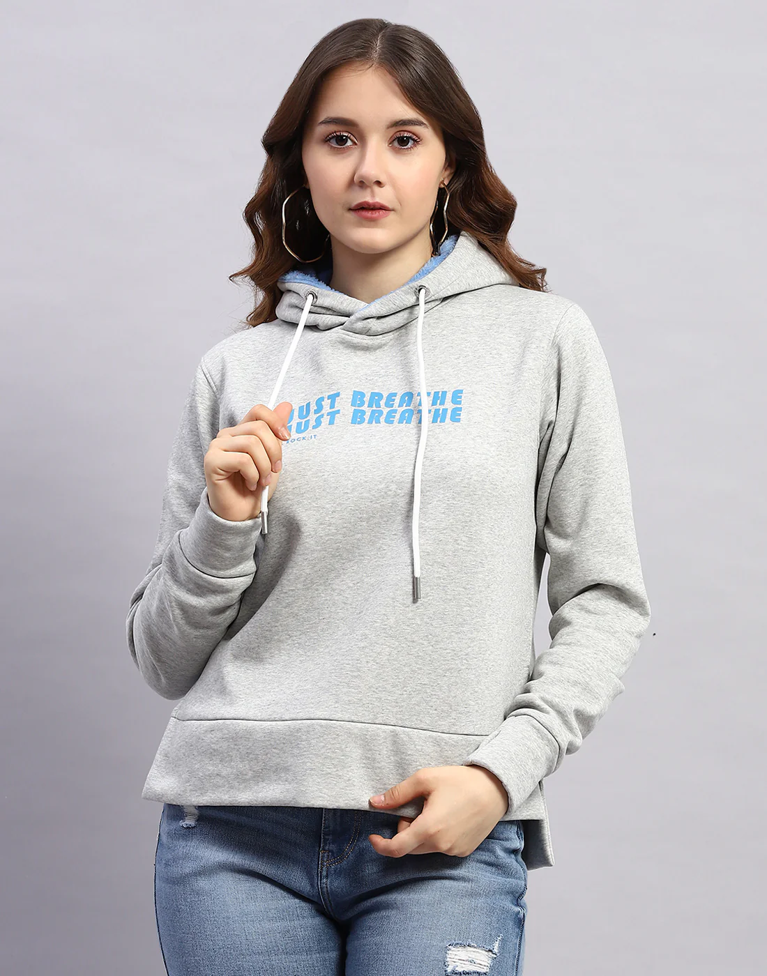 Rock.it Women Grey Solid Hooded Full Sleeve Sweatshirt - Image 2
