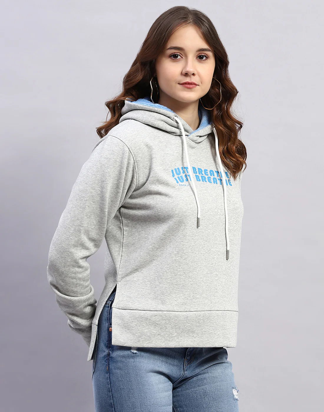 Rock.it Women Grey Solid Hooded Full Sleeve Sweatshirt - Image 4