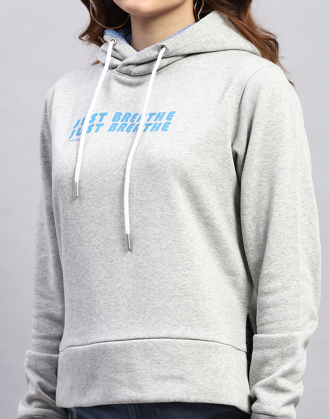 Rock.it Women Grey Solid Hooded Full Sleeve Sweatshirt - Image 7