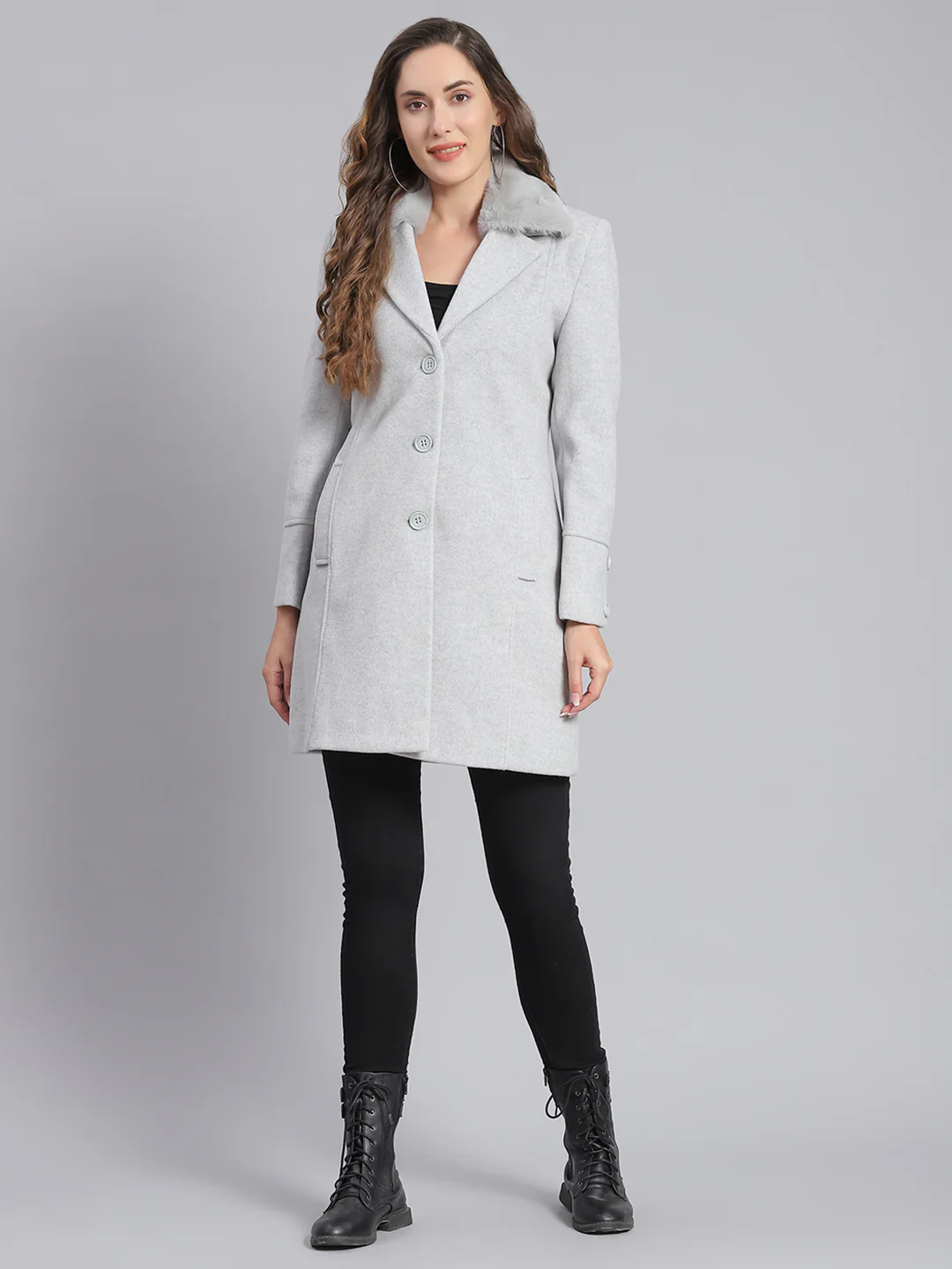 Women Grey Solid Lapel Collar Full Sleeve Coats - Image 2