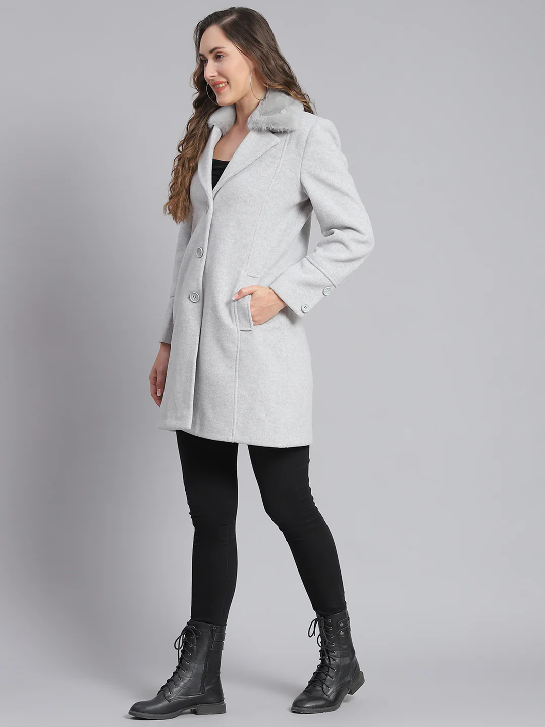 Women Grey Solid Lapel Collar Full Sleeve Coats - Image 3