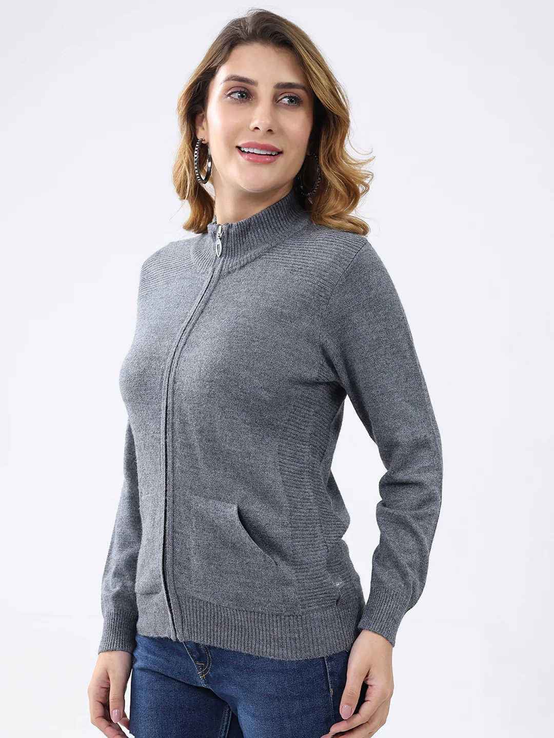 Women Grey Solid Mock Neck Full Sleeve Cardigan - Image 3