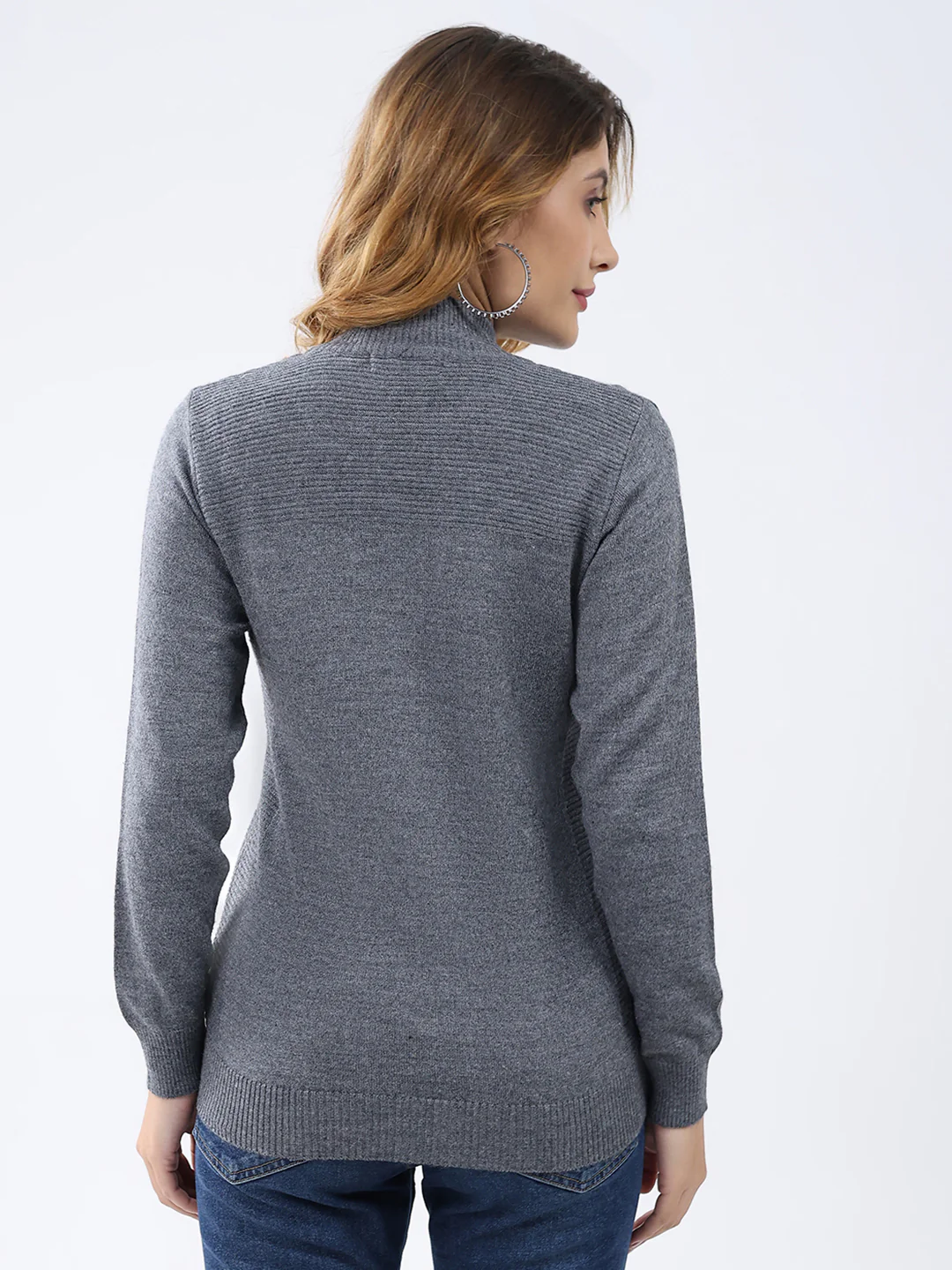 Women Grey Solid Mock Neck Full Sleeve Cardigan - Image 5