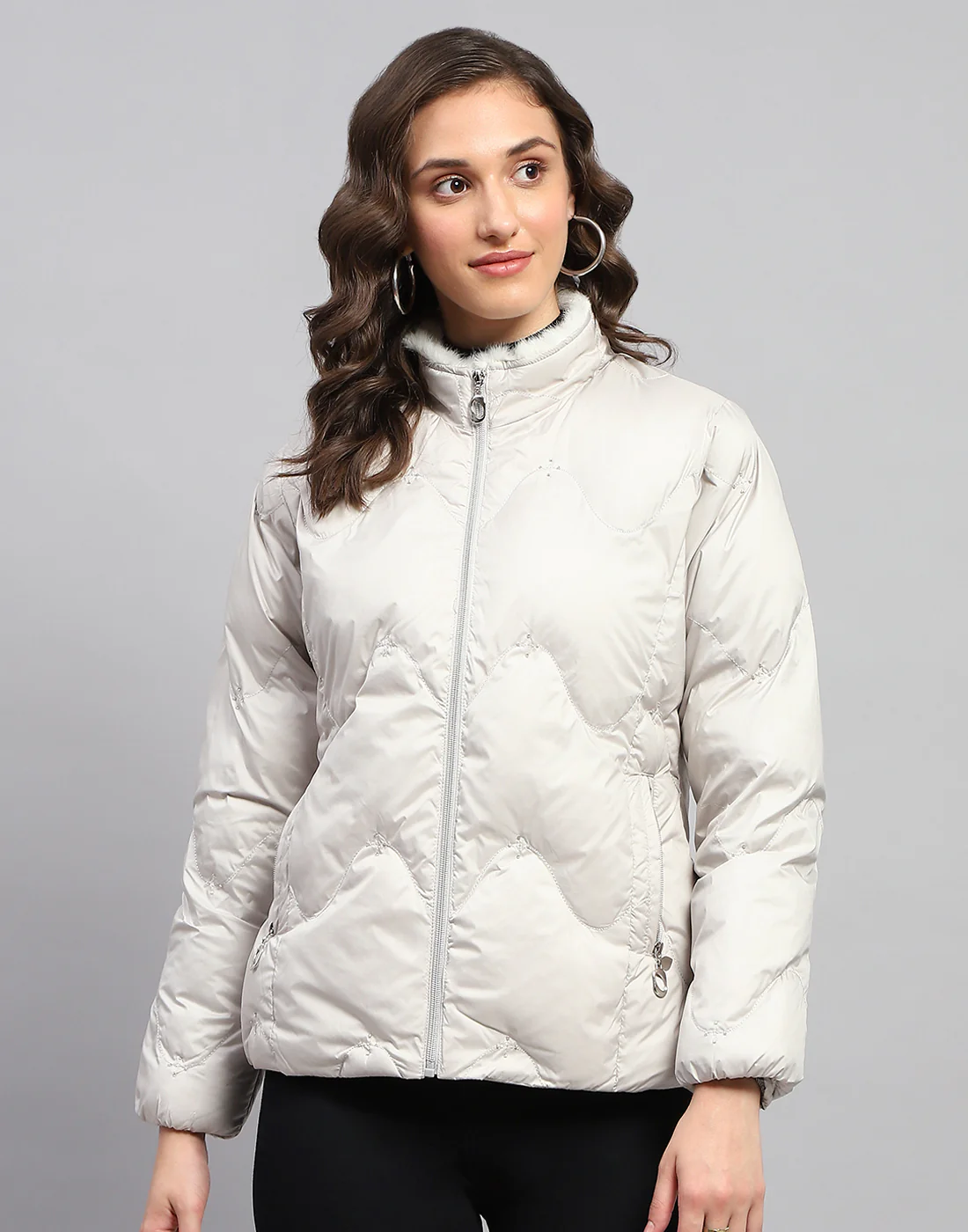 Women Grey Solid Mock Neck Full Sleeve Jacket - Image 2