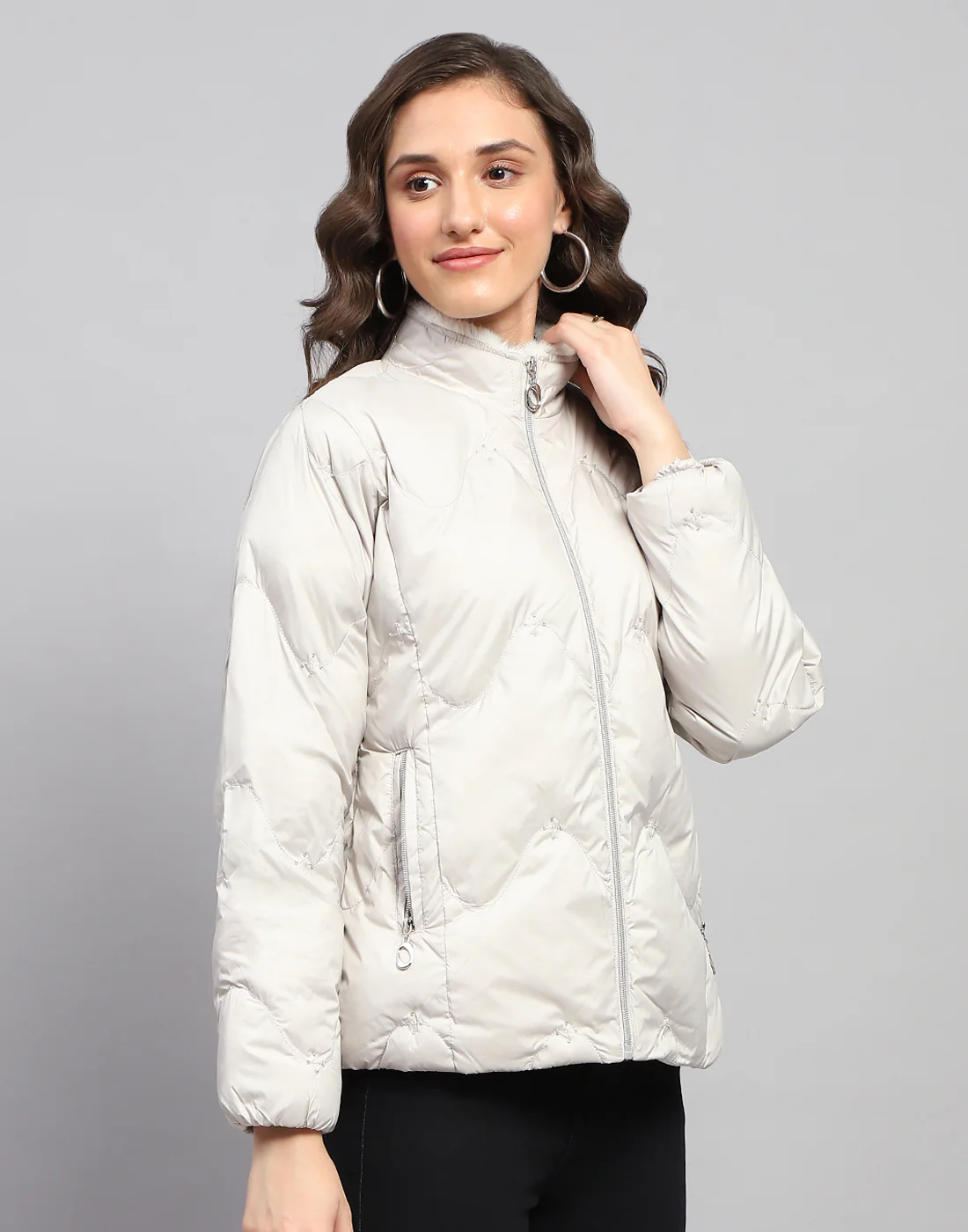 Women Grey Solid Mock Neck Full Sleeve Jacket - Image 4