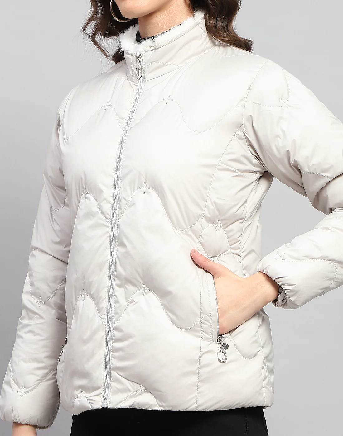 Women Grey Solid Mock Neck Full Sleeve Jacket - Image 7