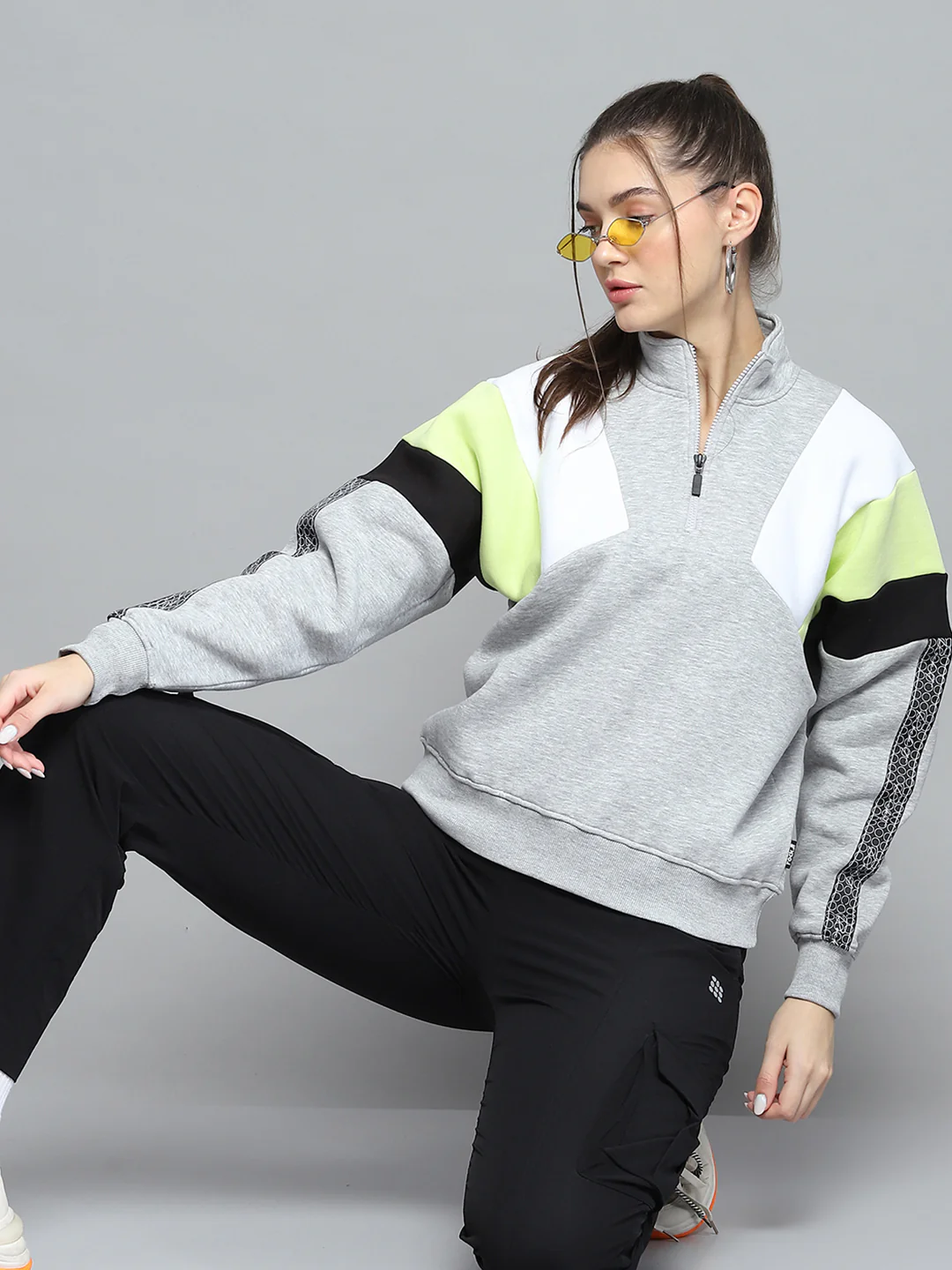 Rock.it Women Grey Solid Mock Neck Full Sleeve Sweatshirt - Image 6