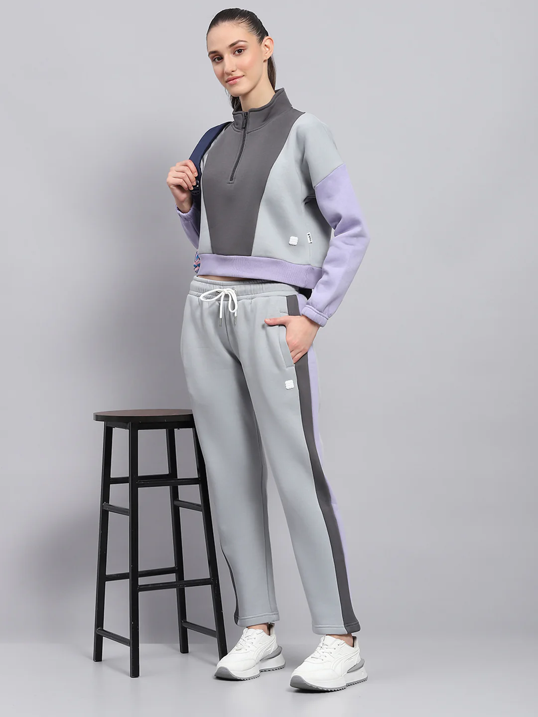 Rock.it Women Grey Solid Mock Neck Full Sleeve Tracksuit - Image 2