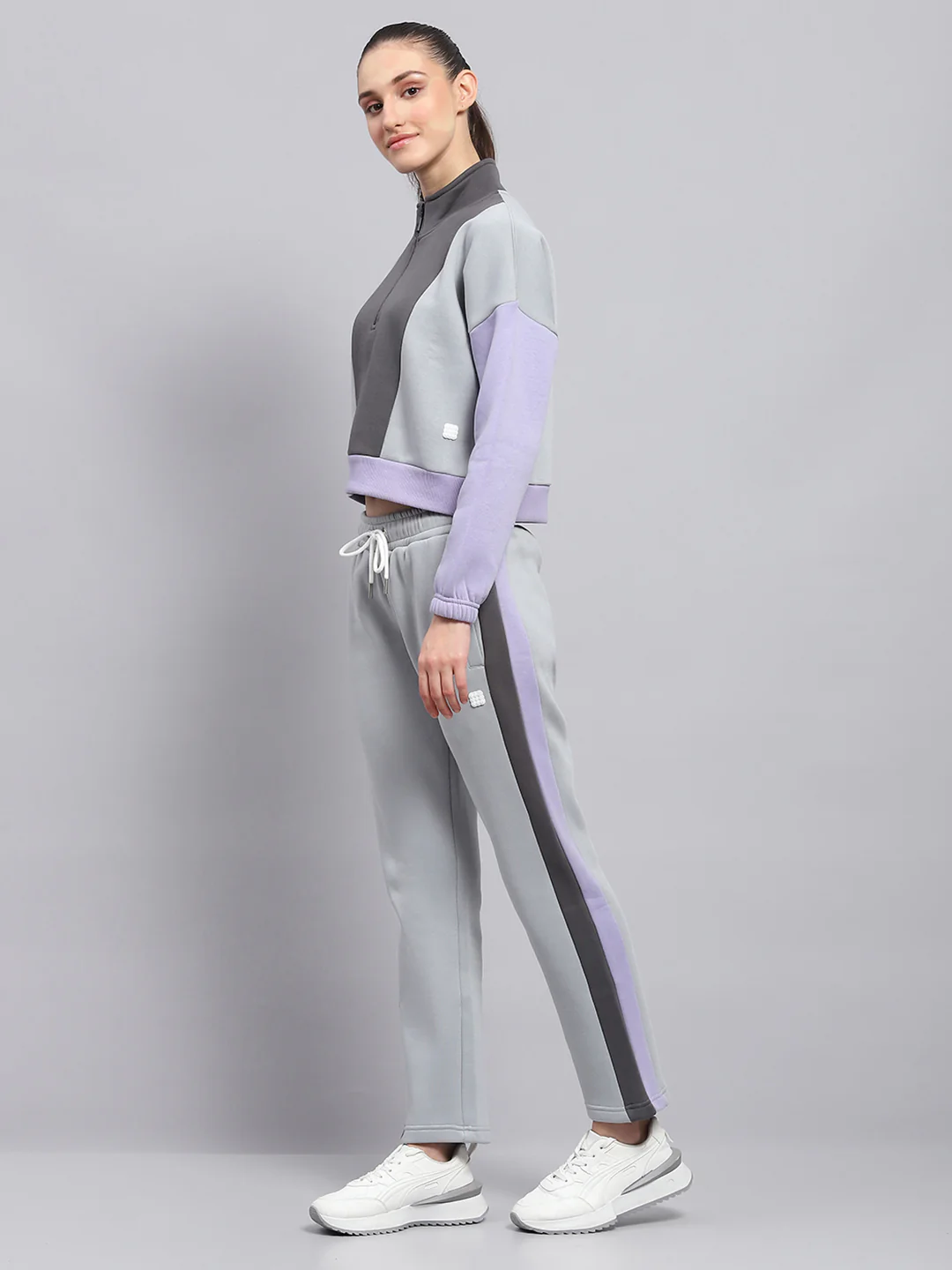 Rock.it Women Grey Solid Mock Neck Full Sleeve Tracksuit - Image 3